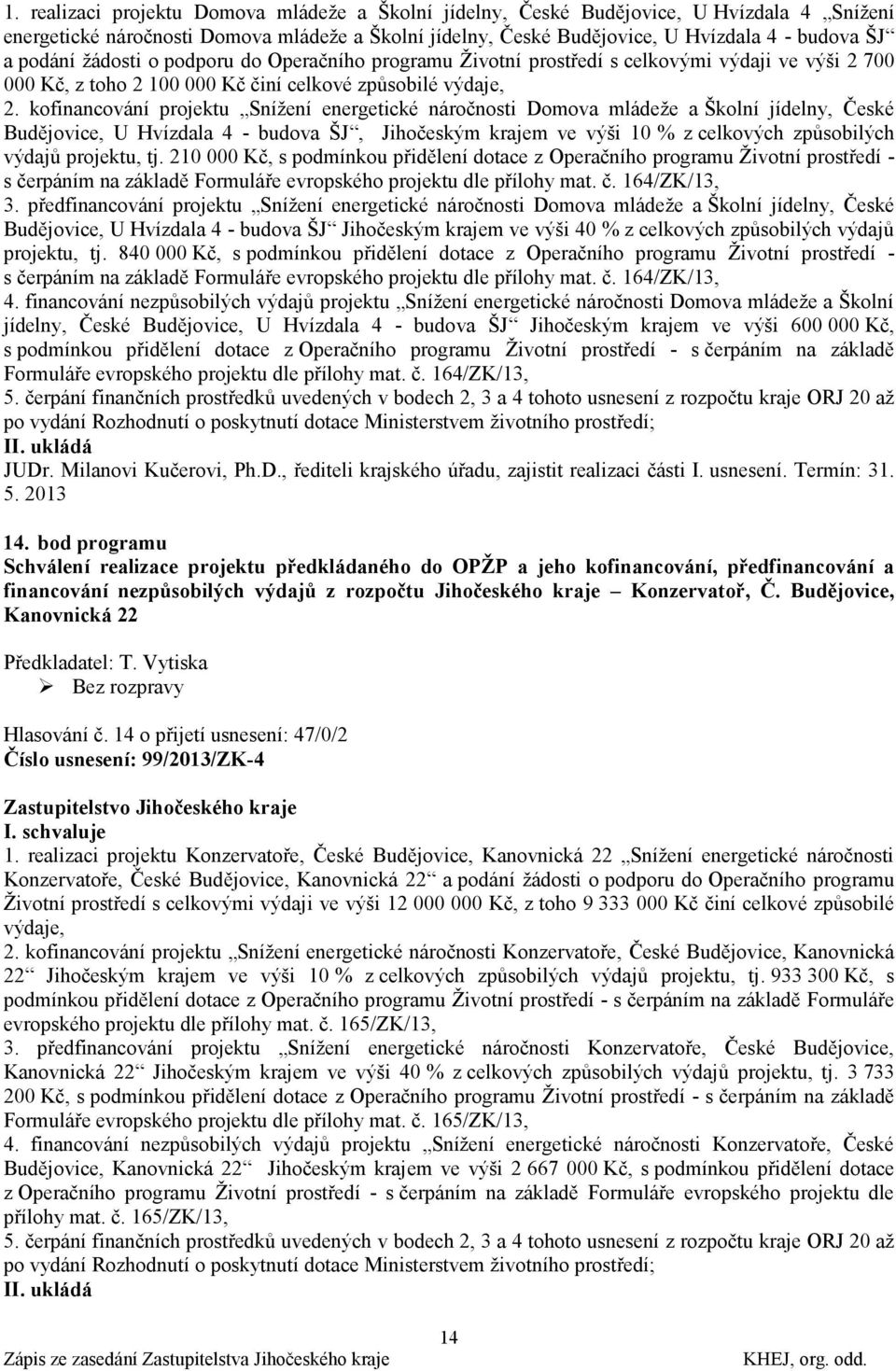 kofinancování projektu Sníţení energetické náročnosti Domova mládeţe a Školní jídelny, České Budějovice, U Hvízdala 4 - budova ŠJ, Jihočeským krajem ve výši 10 % z celkových způsobilých výdajů