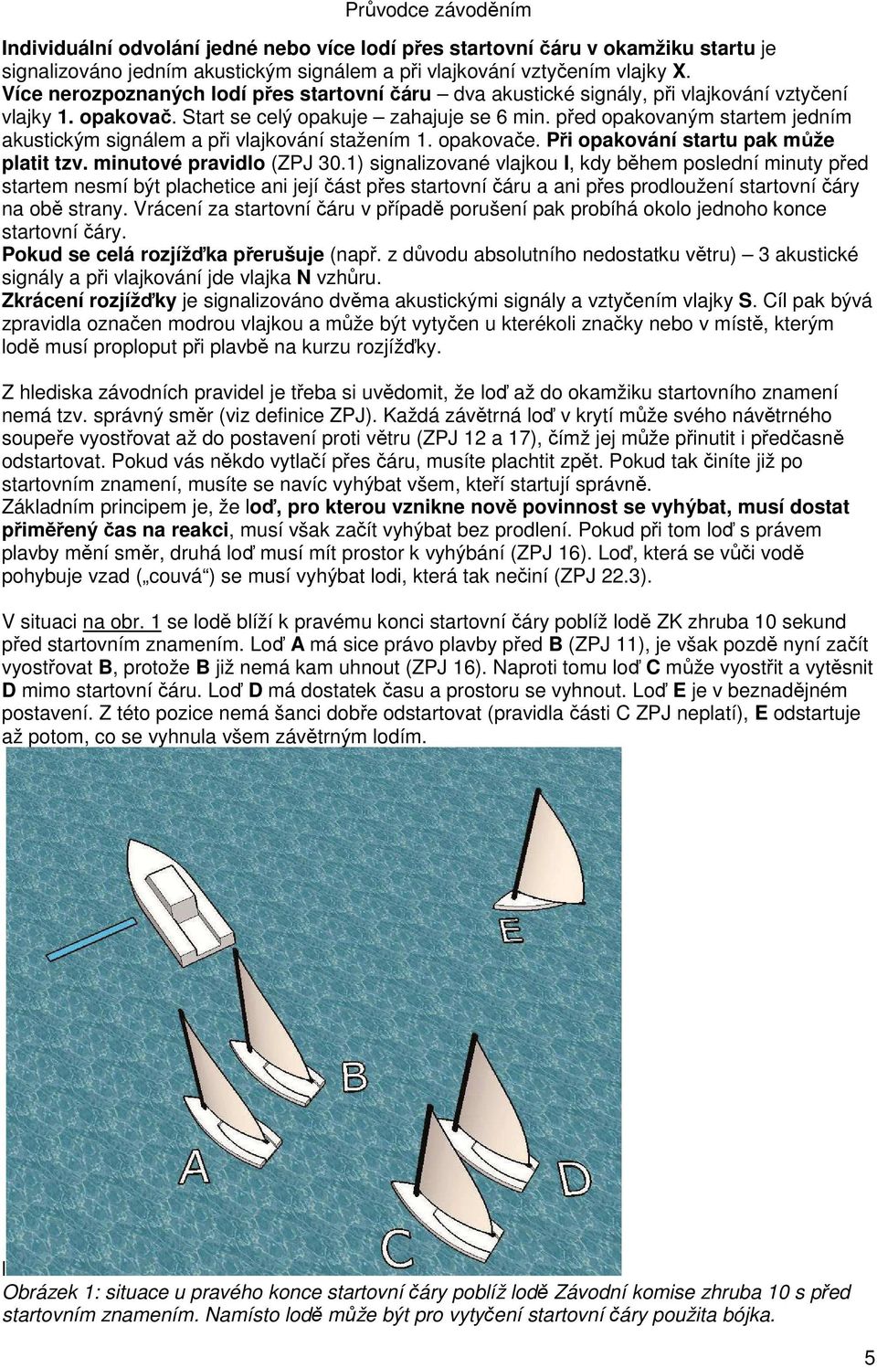 před opakovaným startem jedním akustickým signálem a při vlajkování stažením 1. opakovače. Při opakování startu pak může platit tzv. minutové pravidlo (ZPJ 30.