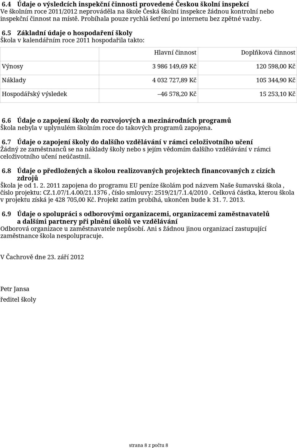 5 Základní údaje o hospodaření školy Škola v kalendářním roce 2011 hospodařila takto: Hlavní činnost Doplňková činnost Výnosy 3 986 149,69 Kč 120 598,00 Kč Náklady 4 032 727,89 Kč 105 344,90 Kč 46