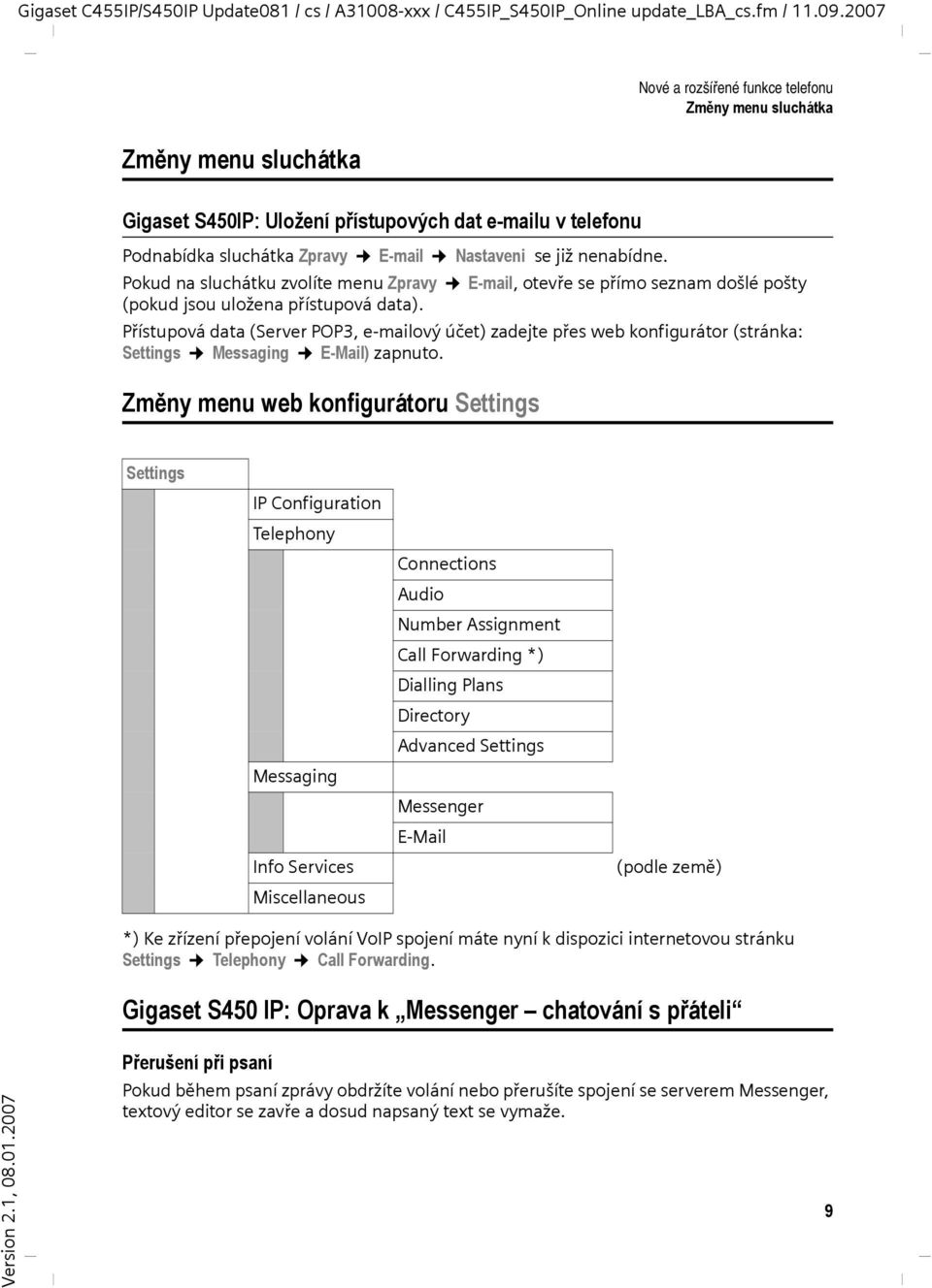 Přístupová data (Server POP3, e-mailový účet) zadejte přes web konfigurátor (stránka: Settings Messaging E-Mail) zapnuto.