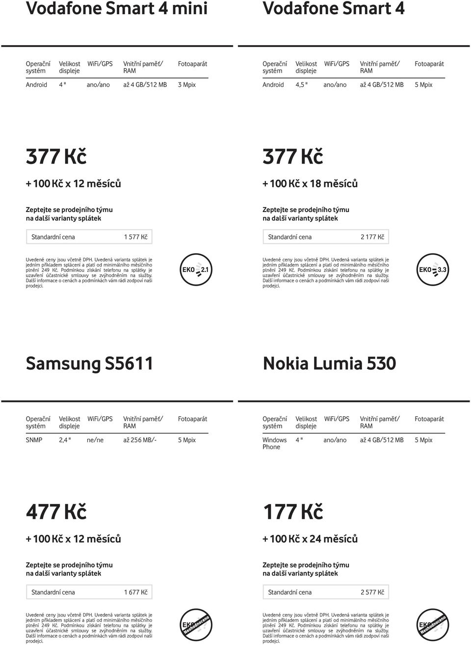 18 měsíců 1 5 2 1 Samsung S5611 Nokia Lumia 530 SNMP 2,4 " ne/ne až 256 MB/- 5