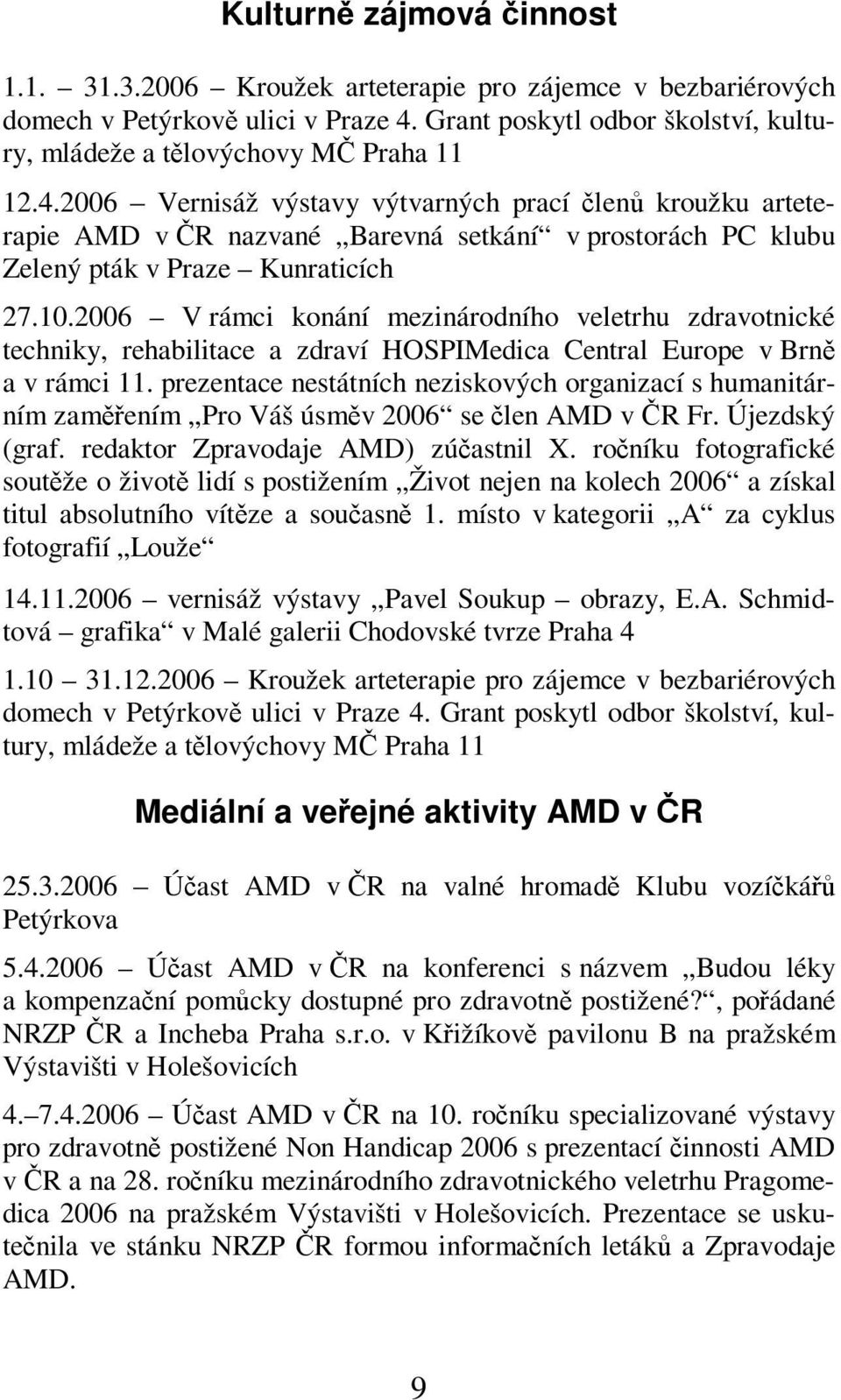 2006 Vernisáž výstavy výtvarných prací len kroužku arteterapie AMD v R nazvané Barevná setkání v prostorách PC klubu Zelený pták v Praze Kunraticích 27.10.