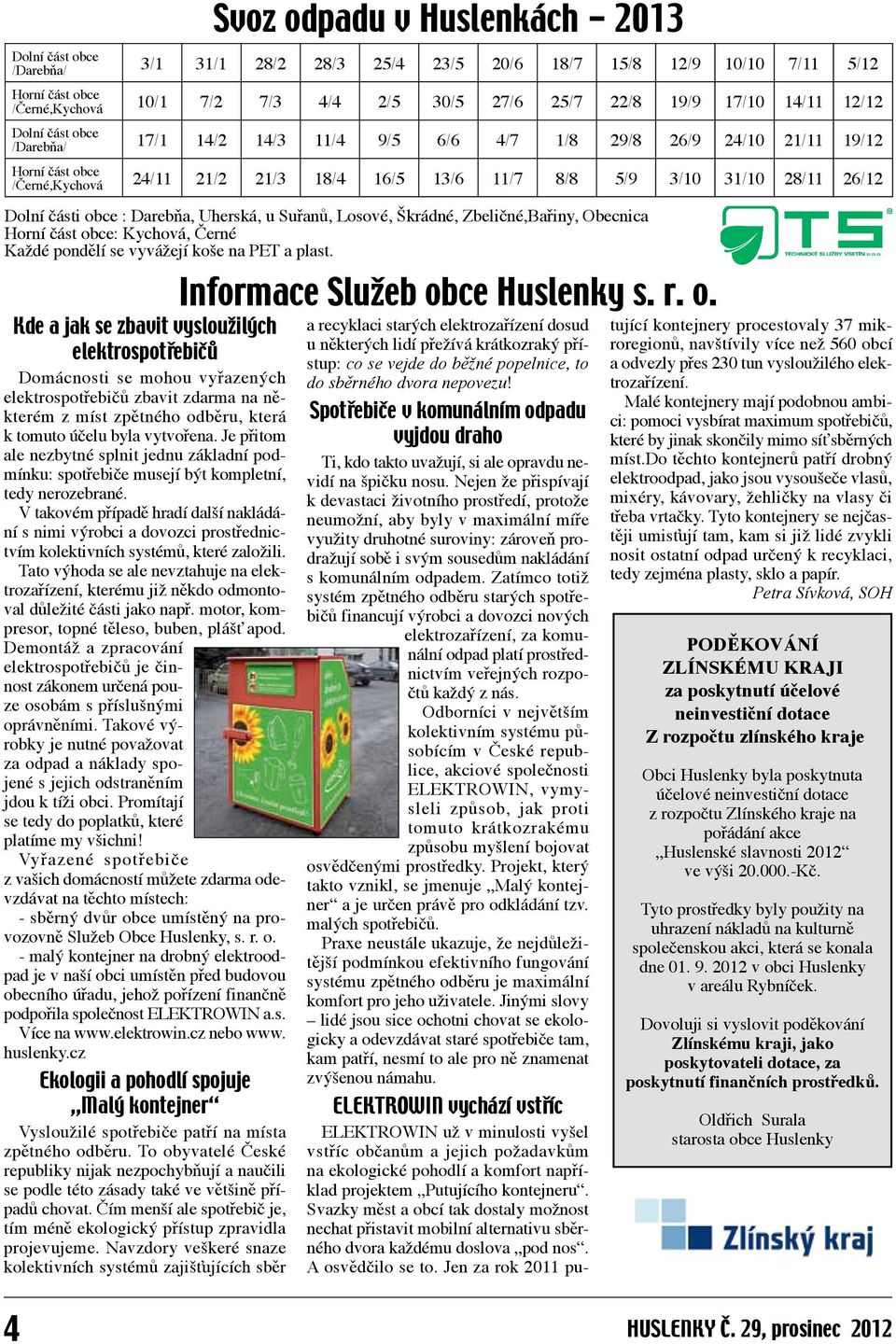 Darebňa, Uherská, u Suřanů, Losové, Škrádné, Zbeličné,Bařiny, Obecnica Horní část obce: Kychová, Černé Každé pondělí se vyvážejí koše na PET a plast.