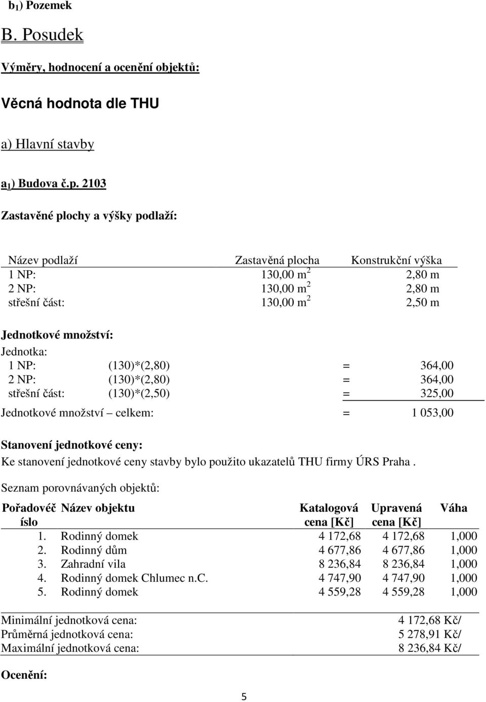 1 NP: (130)*(2,80) = 364,00 2 NP: (130)*(2,80) = 364,00 střešní část: (130)*(2,50) = 325,00 Jednotkové množství celkem: = 1 053,00 Stanovení jednotkové ceny: Ke stanovení jednotkové ceny stavby bylo