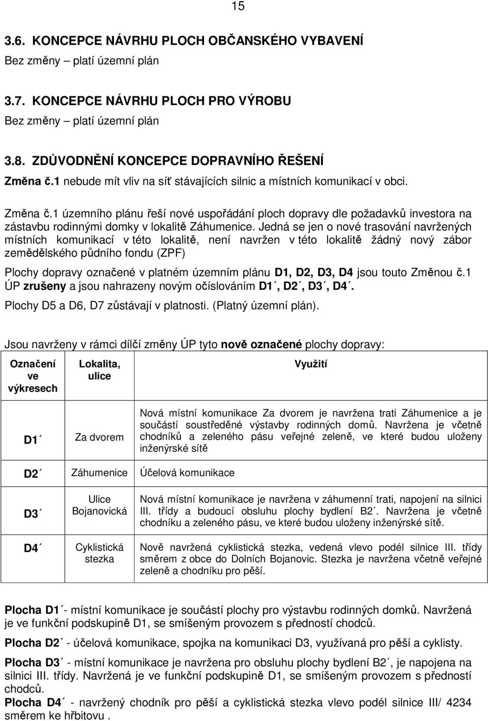 1 územního plánu řeší nové uspořádání ploch dopravy dle požadavků investora na zástavbu rodinnými domky v lokalitě Záhumenice.