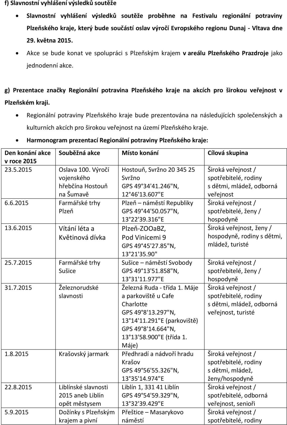 g) Prezentace značky Regionální potravina Plzeňského kraje na akcích pro širokou veřejnost v Plzeňském kraji.