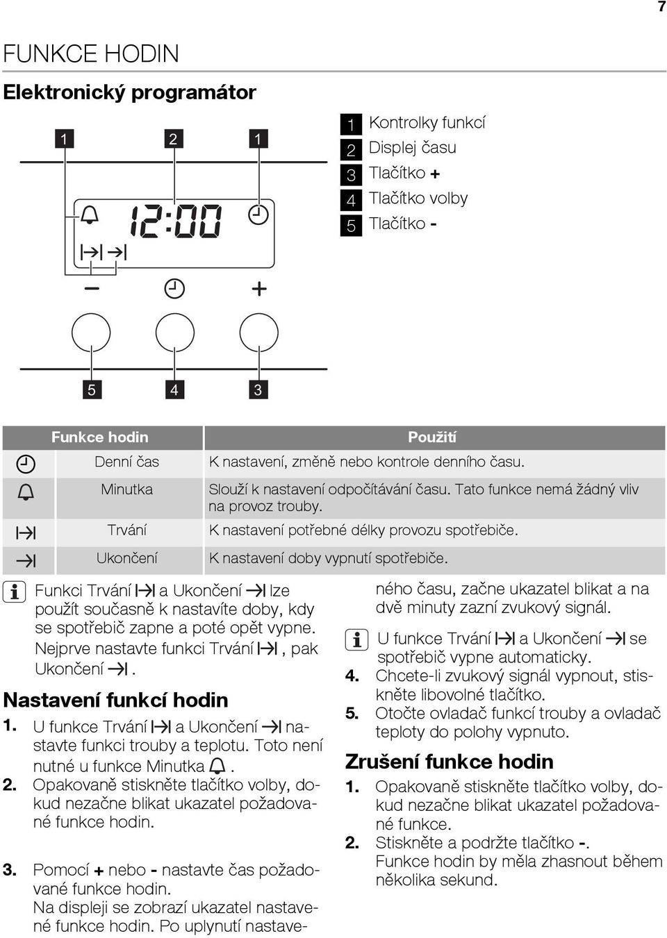 U funkce Trvání a Ukončení nastavte funkci trouby a teplotu. Toto není nutné u funkce Minutka. 2. Opakovaně stiskněte tlačítko volby, dokud nezačne blikat ukazatel požadované funkce hodin.