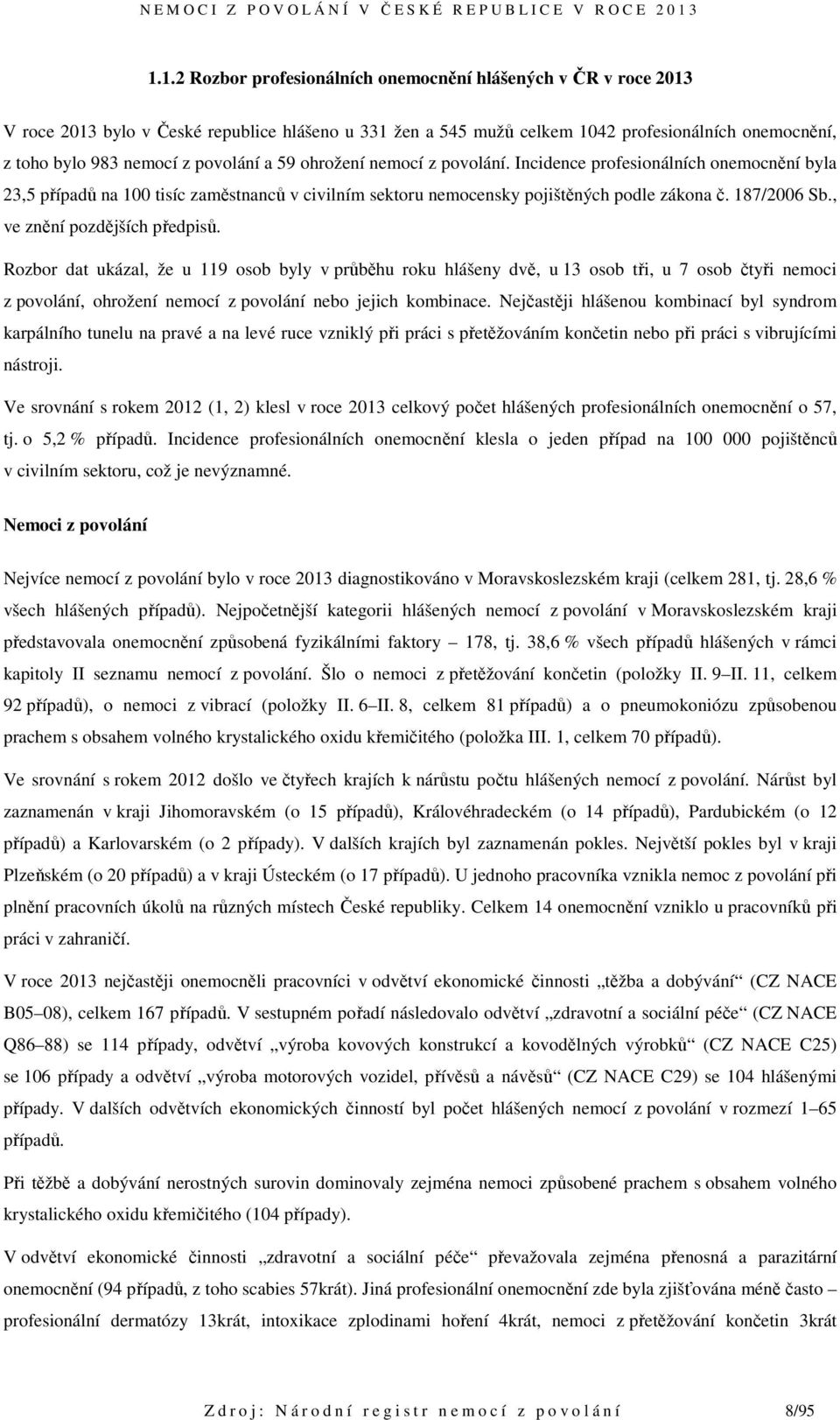 , ve znění pozdějších předpisů. Rozbor dat ukázal, že u 119 osob byly v průběhu roku hlášeny dvě, u 13 osob tři, u 7 osob čtyři nemoci z povolání, ohrožení nemocí z povolání nebo jejich kombinace.
