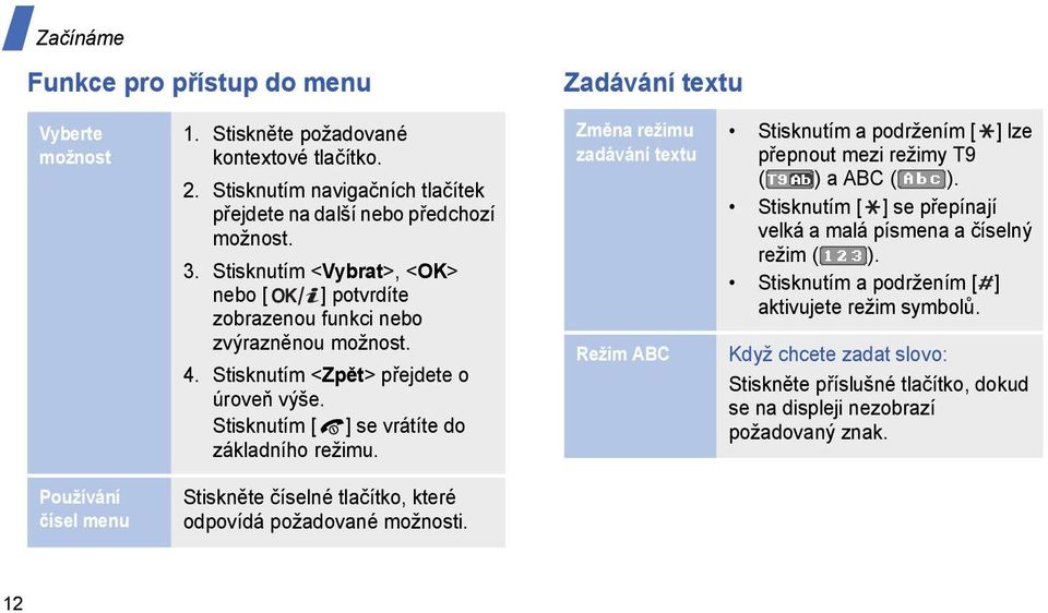 Změna režimu zadávání textu Režim ABC Stisknutím a podržením [ ] lze přepnout mezi režimy T9 ( ) a ABC ( ). Stisknutím [ ] se přepínají velká a malá písmena a číselný režim ( ).