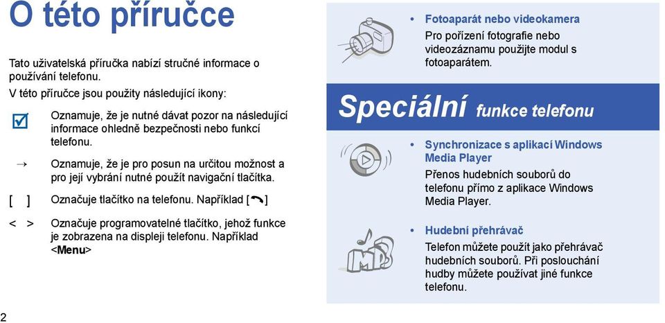 Oznamuje, že je pro posun na určitou možnost a pro její vybrání nutné použít navigační tlačítka. [ ] Označuje tlačítko na telefonu.