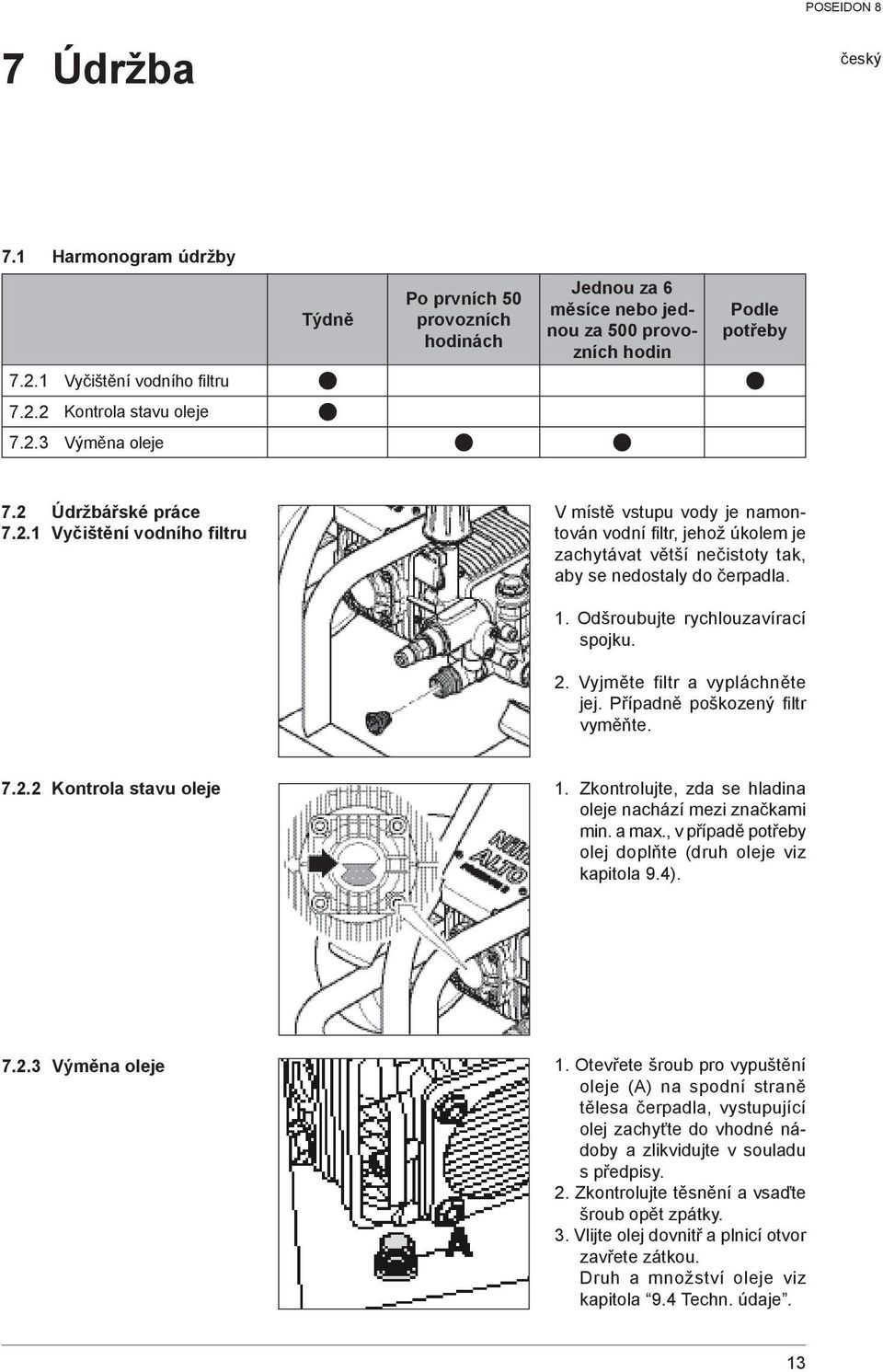 Odšroubujte rychlouzavírací spojku. 2. Vyjměte filtr a vypláchněte jej. Případně poškozený fi ltr vyměňte. 7.2.2 Kontrola stavu oleje 1. Zkontrolujte, zda se hladina oleje nachází mezi značkami min.