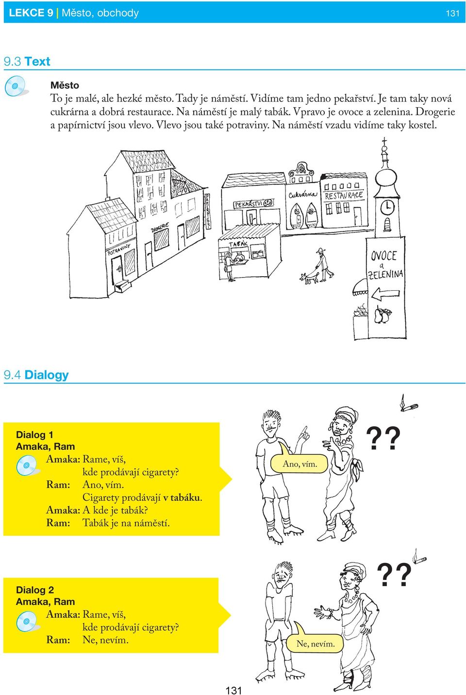 Vlevo jsou také potraviny. Na náměstí vzadu vidíme taky kostel. 9.4 Dialogy Dialog 1 Amaka, Ram Amaka: Rame, víš, Ram: kde prodávají cigarety?