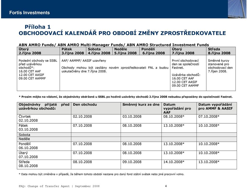 00 CET AAMMF AAF/ AAMMF/ AASIF uzavřeny Obchody mohou být zasílány novém zprostředkovateli FNL a budou uskutečněny dne 7.října 2008. První obchodovací den se společností Fastnet. Uzávěrka obchodů: 16.