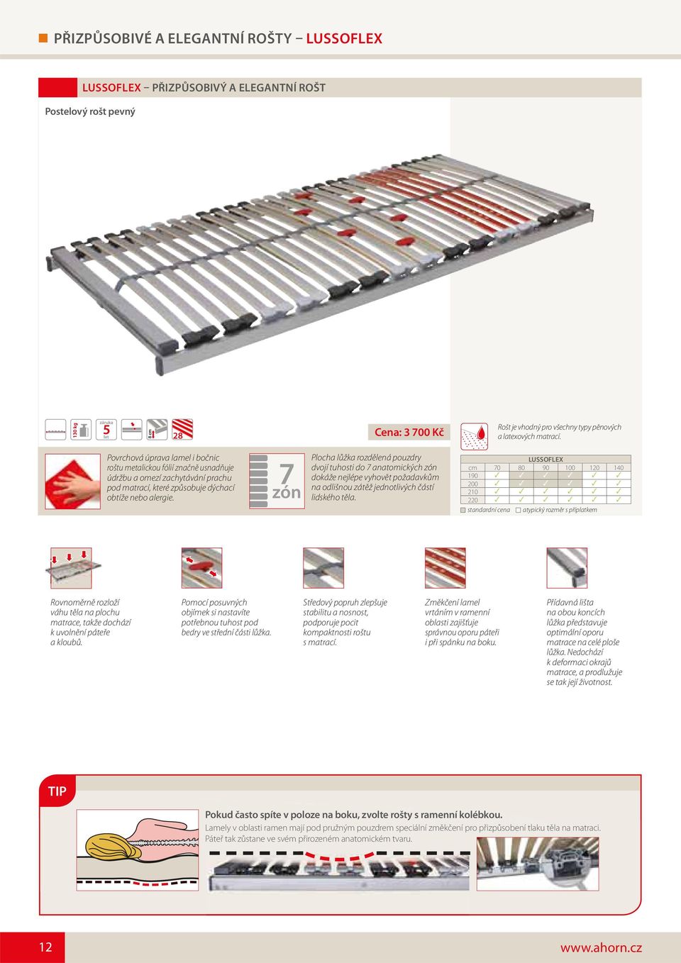 Plocha lůžka rozdělená pouzdry dvojí tuhosti do 7 anatomických zón dokáže nejlépe vyhovět požadavkům na odlišnou zátěž jednotlivých částí lidského těla.