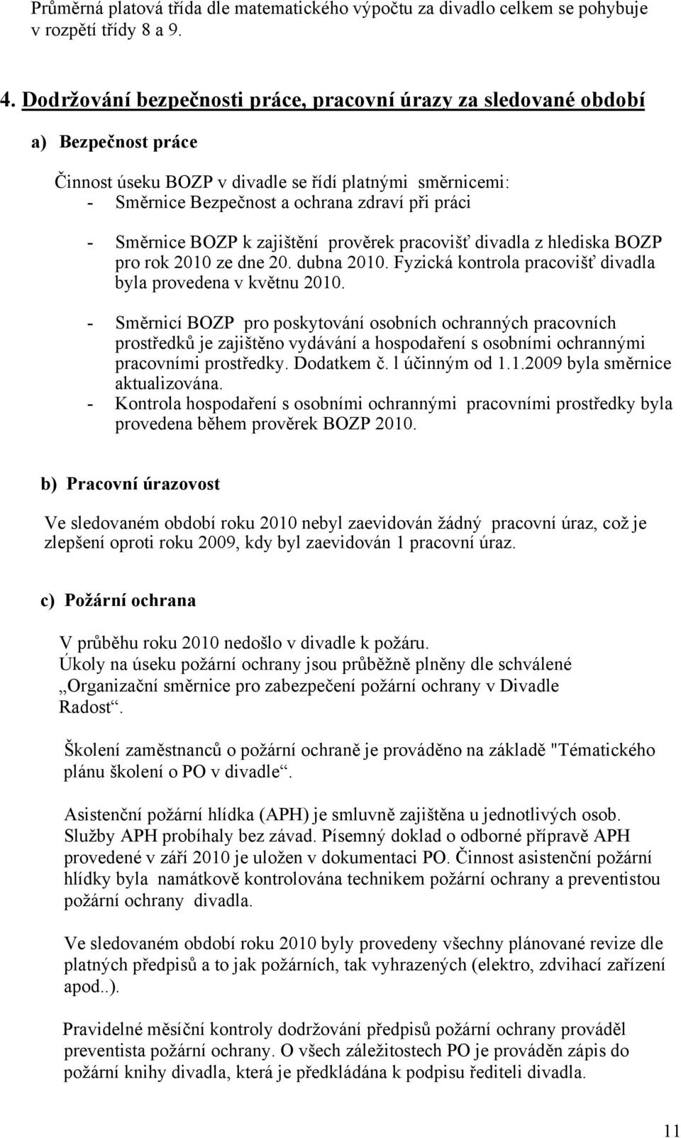 Směrnice BOZP k zajištění prověrek pracovišť divadla z hlediska BOZP pro rok 2010 ze dne 20. dubna 2010. Fyzická kontrola pracovišť divadla byla provedena v květnu 2010.