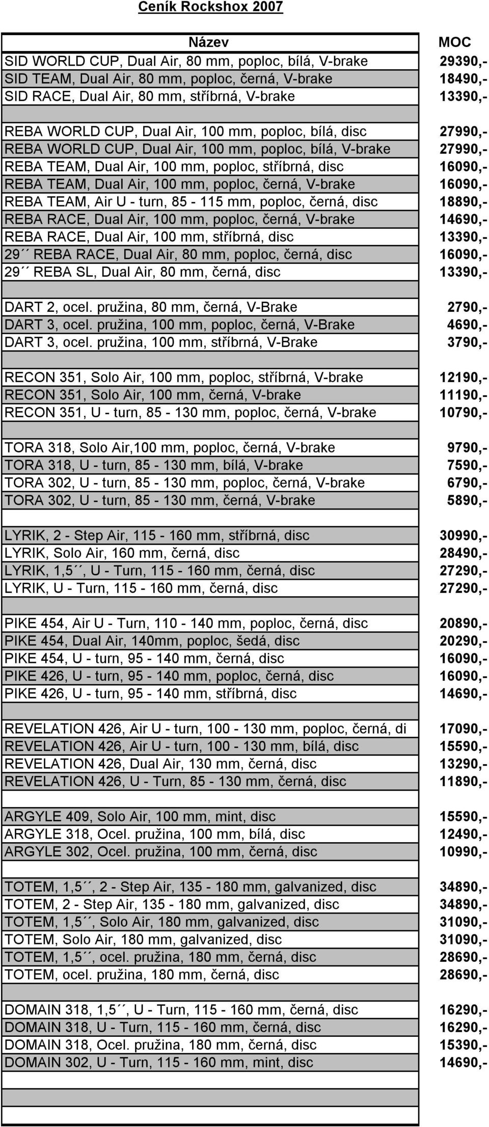 Dual Air, 100 mm, poploc, černá, V-brake 16090,- REBA TEAM, Air U - turn, 85-115 mm, poploc, černá, disc 18890,- REBA RACE, Dual Air, 100 mm, poploc, černá, V-brake 14690,- REBA RACE, Dual Air, 100