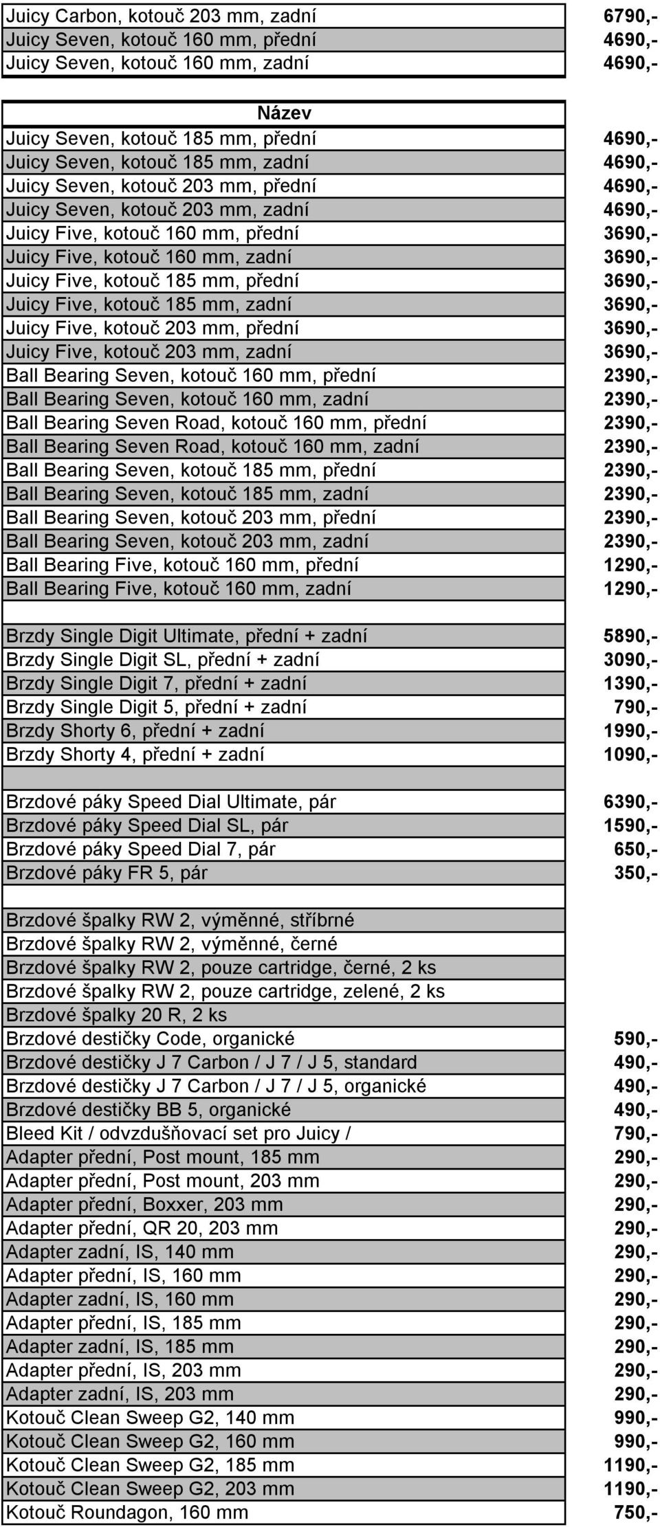 mm, přední 3690,- Juicy Five, kotouč 185 mm, zadní 3690,- Juicy Five, kotouč 203 mm, přední 3690,- Juicy Five, kotouč 203 mm, zadní 3690,- Ball Bearing Seven, kotouč 160 mm, přední 2390,- Ball