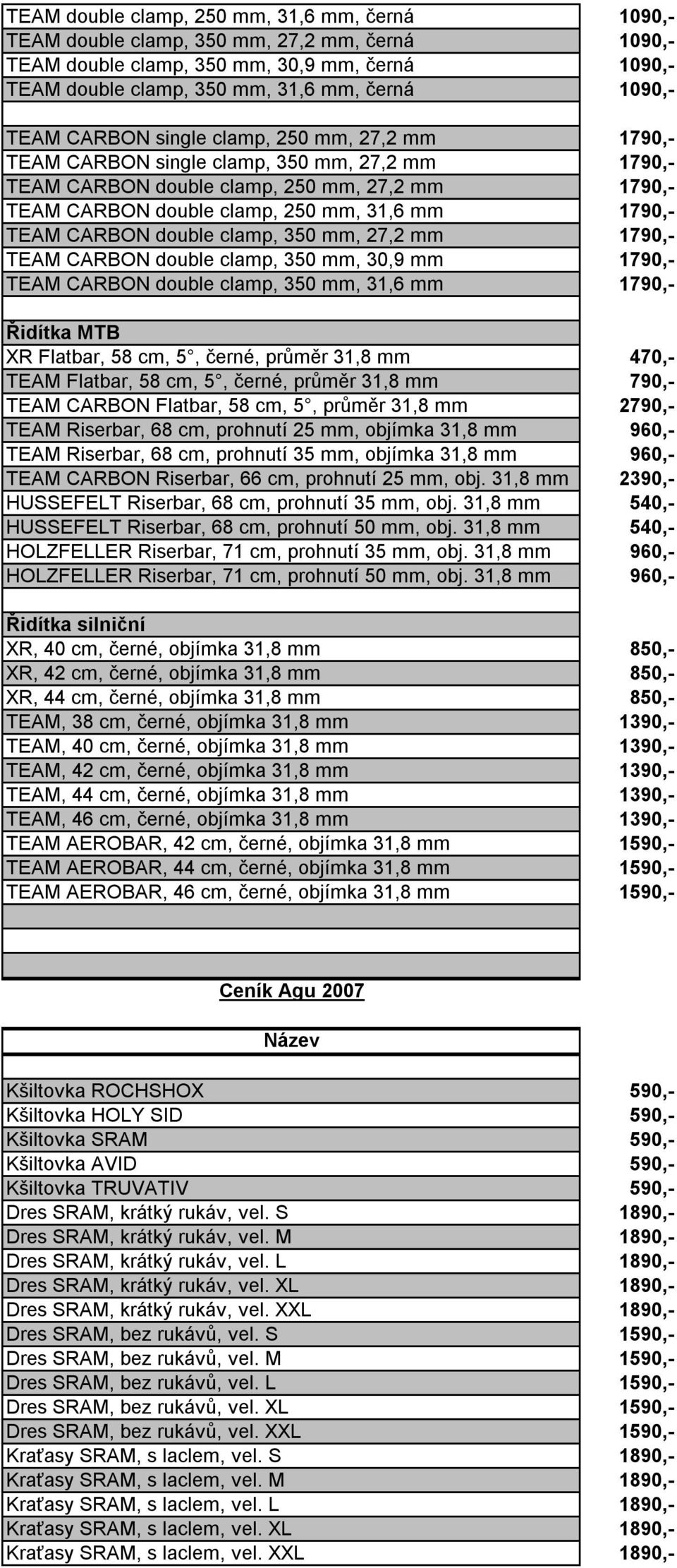 TEAM CARBON double clamp, 350 mm, 27,2 mm 1790,- TEAM CARBON double clamp, 350 mm, 30,9 mm 1790,- TEAM CARBON double clamp, 350 mm, 31,6 mm 1790,- Řidítka MTB XR Flatbar, 58 cm, 5, černé, průměr 31,8