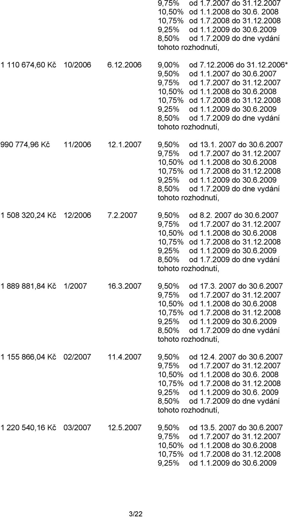 3. 2007 do 30.6.2007 1 155 866,04 Kč 02/2007 11.4.2007 9,50% od 12.4. 2007 do 30.6.2007 10,50% od 1.1.2008 do 30.6. 2008 9,25% od 1.