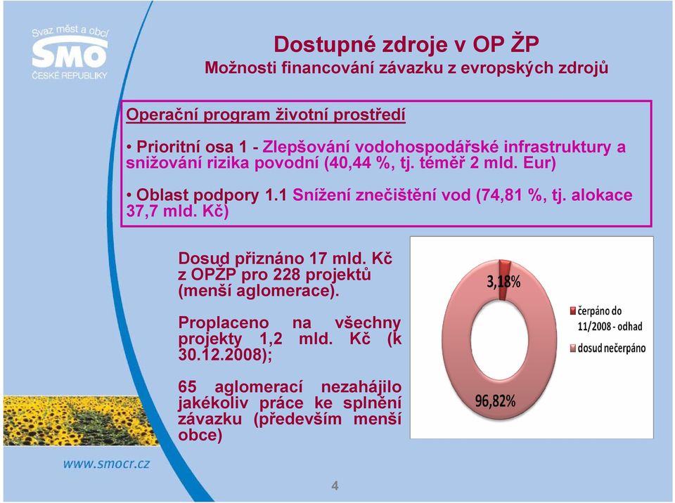 1 Snížení znečištění vod (74,81 %, tj. alokace 37,7 mld. Kč) Dosud přiznáno 17 mld. Kč z OPŽP pro 228 projektů (menší aglomerace).