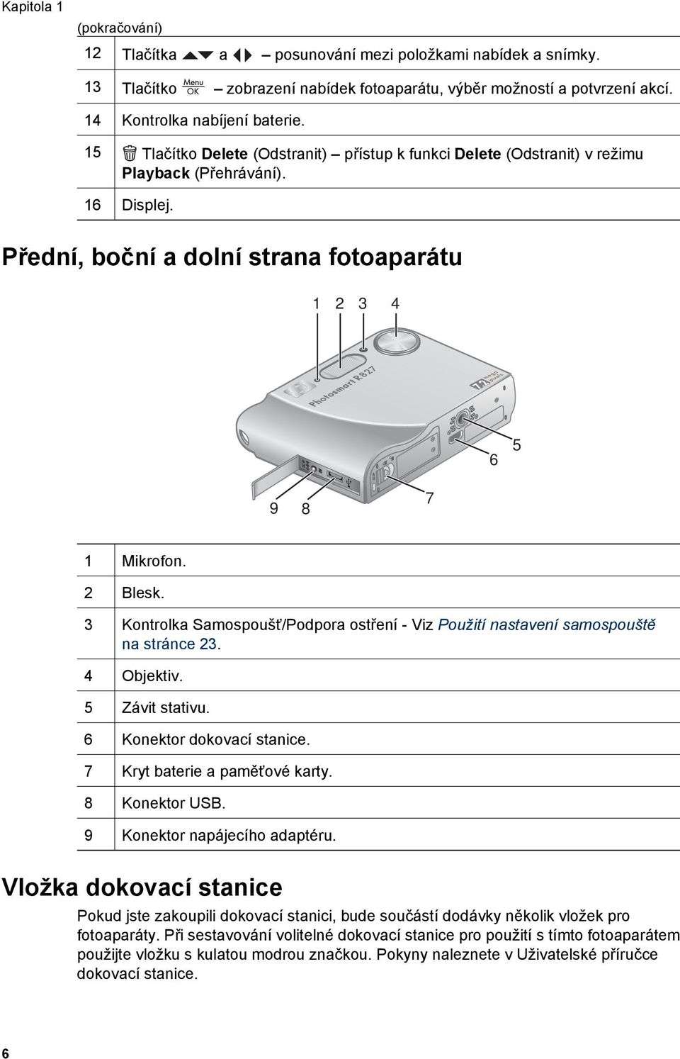 3 Kontrolka Samospoušť/Podpora ostření - Viz Použití nastavení samospouště na stránce 23. 4 Objektiv. 5 Závit stativu. 6 Konektor dokovací stanice. 7 Kryt baterie a paměťové karty. 8 Konektor USB.