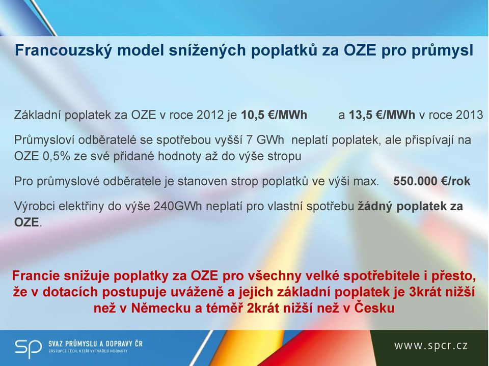 poplatků ve výši max. 550.000 /rok Výrobci elektřiny do výše 240GWh neplatí pro vlastní spotřebu žádný poplatek za OZE.