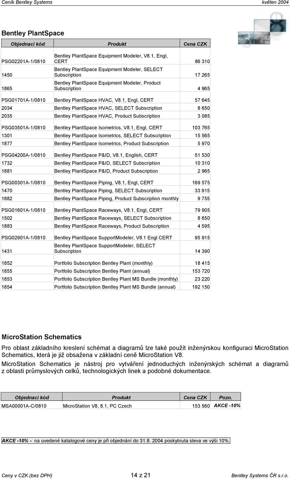 1, Engl, CERT 57 645 2034 Bentley PlantSpace HVAC, SELECT Subscription 8 650 2035 Bentley PlantSpace HVAC, Product Subscription 3 085 PSG03501A-1/0810 Bentley PlantSpace Isometrics, V8.