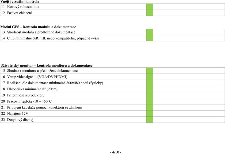 předložené dokumentace 16 Vstup videosignálu (VGA/DVI/HDMI) 17 Rozlišení dle dokumentace minimálně 800x480 bodů (fyzicky) 18 Úhlopříčka minimálně