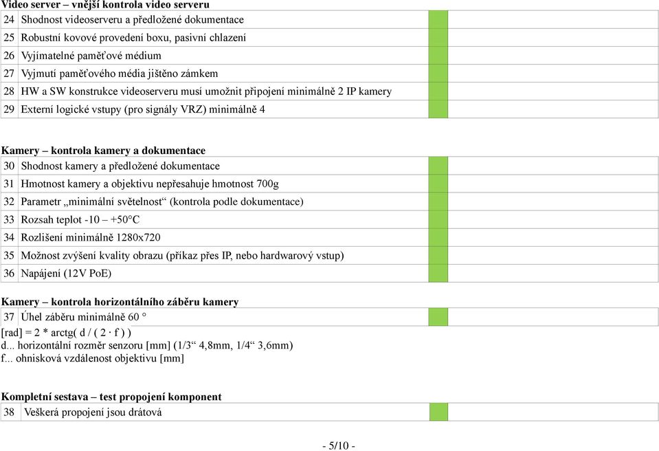 Shodnost kamery a předložené dokumentace 31 Hmotnost kamery a objektivu nepřesahuje hmotnost 700g 32 Parametr minimální světelnost (kontrola podle dokumentace) 33 Rozsah teplot -10 +50 C 34 Rozlišení