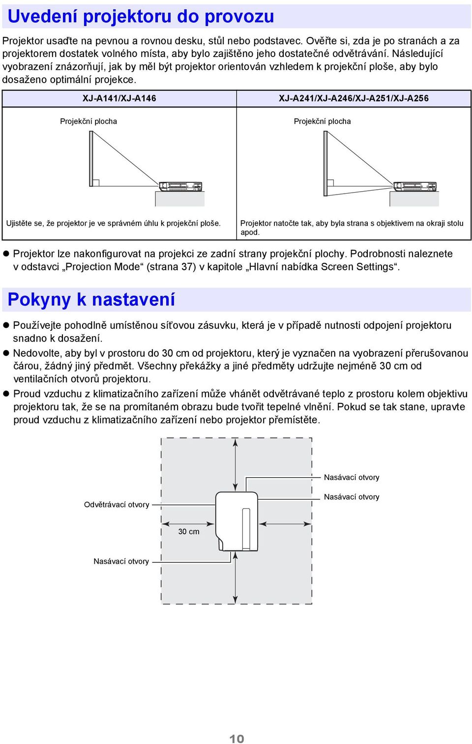 Následující vyobrazení znázorňují, jak by měl být projektor orientován vzhledem k projekční ploše, aby bylo dosaženo optimální projekce.