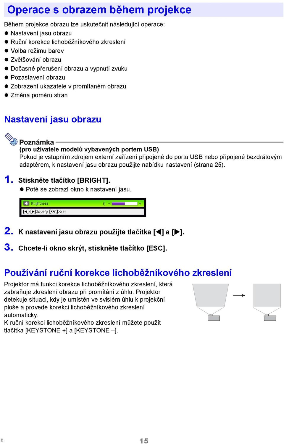 zdrojem externí zařízení připojené do portu USB nebo připojené bezdrátovým adaptérem, k nastavení jasu obrazu použijte nabídku nastavení (strana 25). 1. Stiskněte tlačítko [BRIGHT].