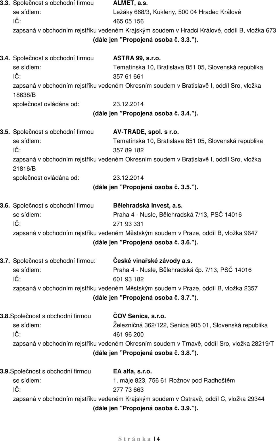 ečnost s obchodní firmou ASTRA 99, s.r.o. Tematínska 10, Bratislava 851 05, Slovenská republika IČ: 357 61 661 zapsaná v obchodním rejstříku vedeném Okresním soudem v Bratislavě I, oddíl Sro, vložka 18638/B společnost ovládána od: 23.