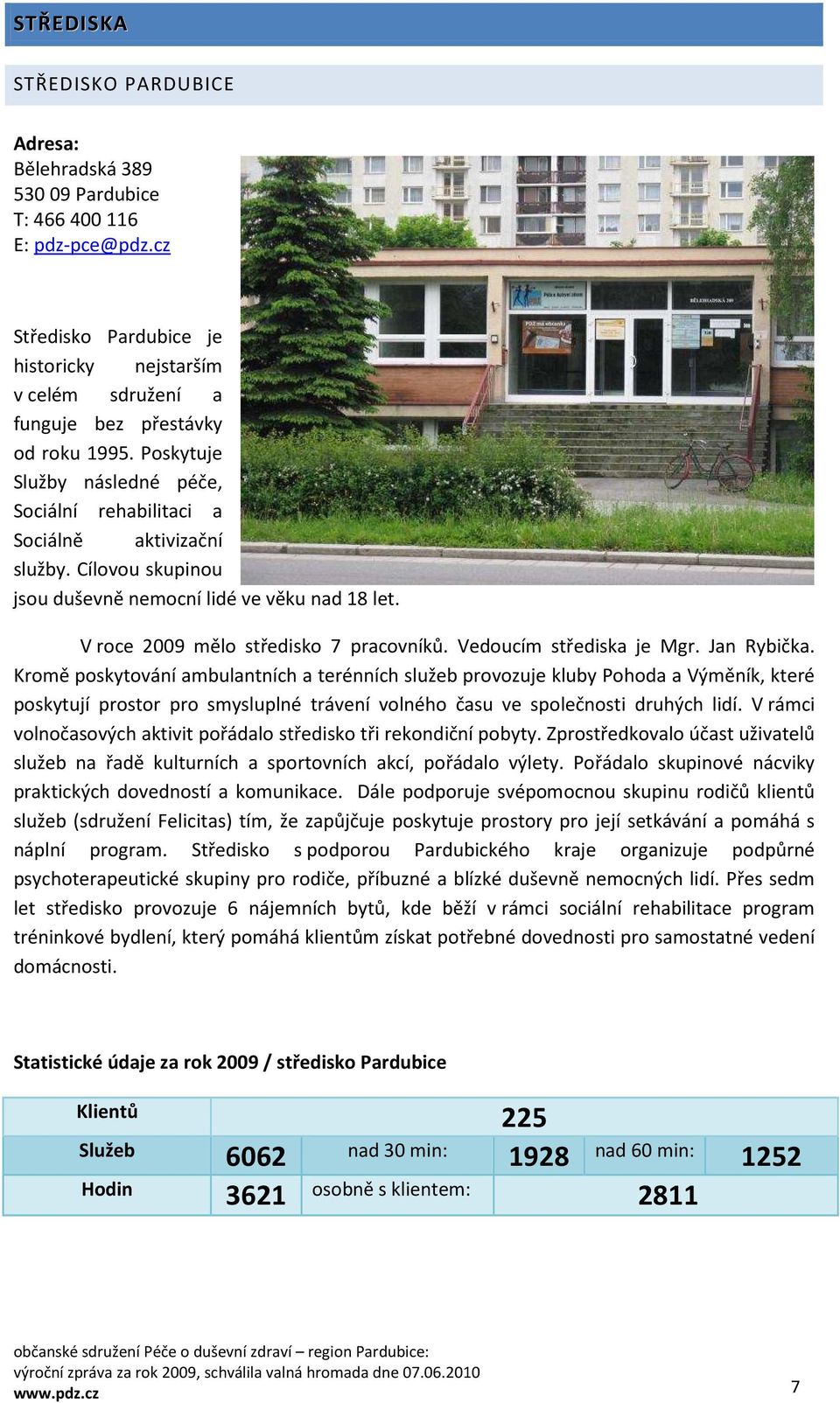 Cílovou skupinou jsou duševně nemocní lidé ve věku nad 18 let. V roce 2009 mělo středisko 7 pracovníků. Vedoucím střediska je Mgr. Jan Rybička.