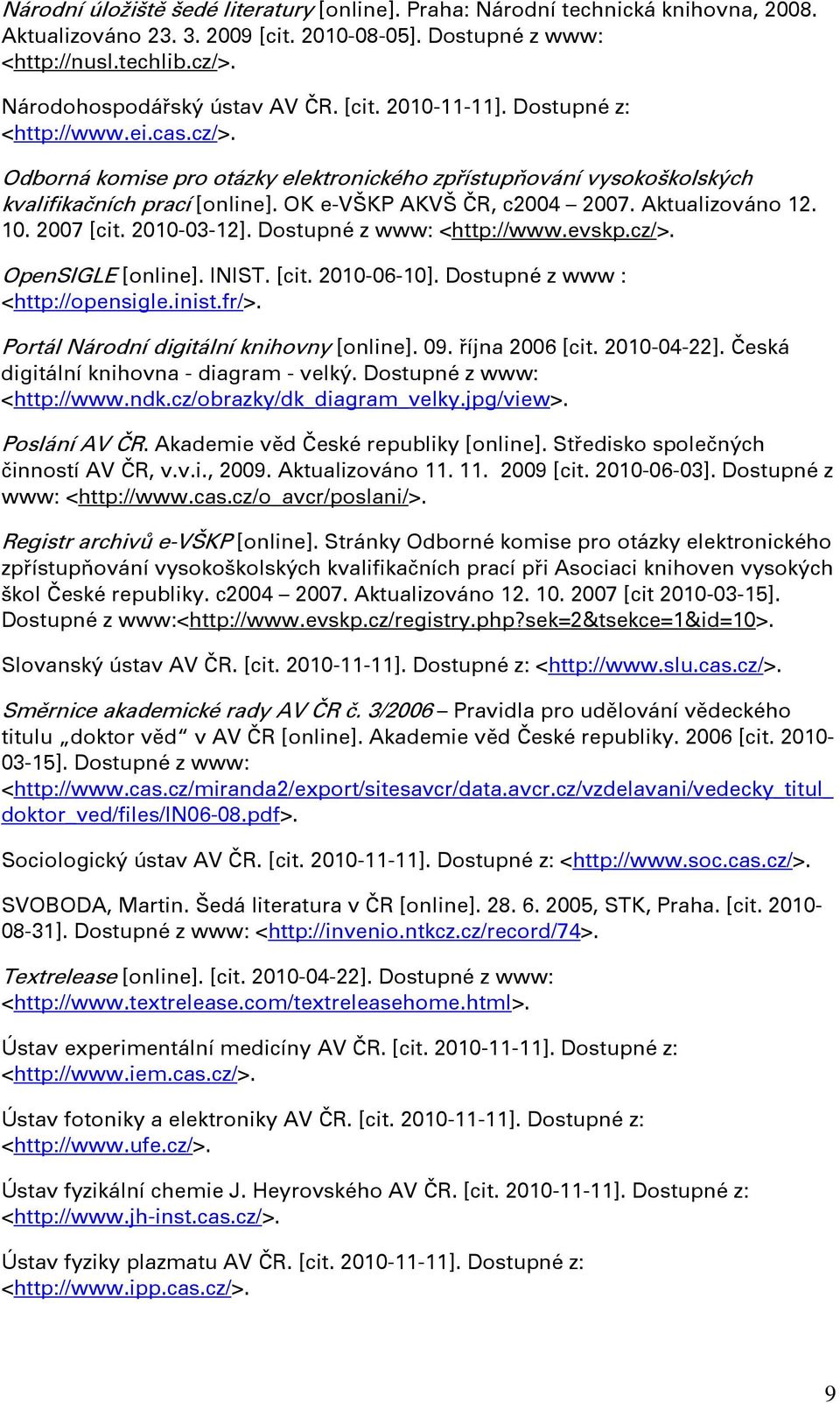 OK e-vškp AKVŠ ČR, c2004 2007. Aktualizováno 12. 10. 2007 [cit. 2010-03-12]. Dostupné z www: <http://www.evskp.cz/>. OpenSIGLE [online]. INIST. [cit. 2010-06-10]. Dostupné z www : <http://opensigle.