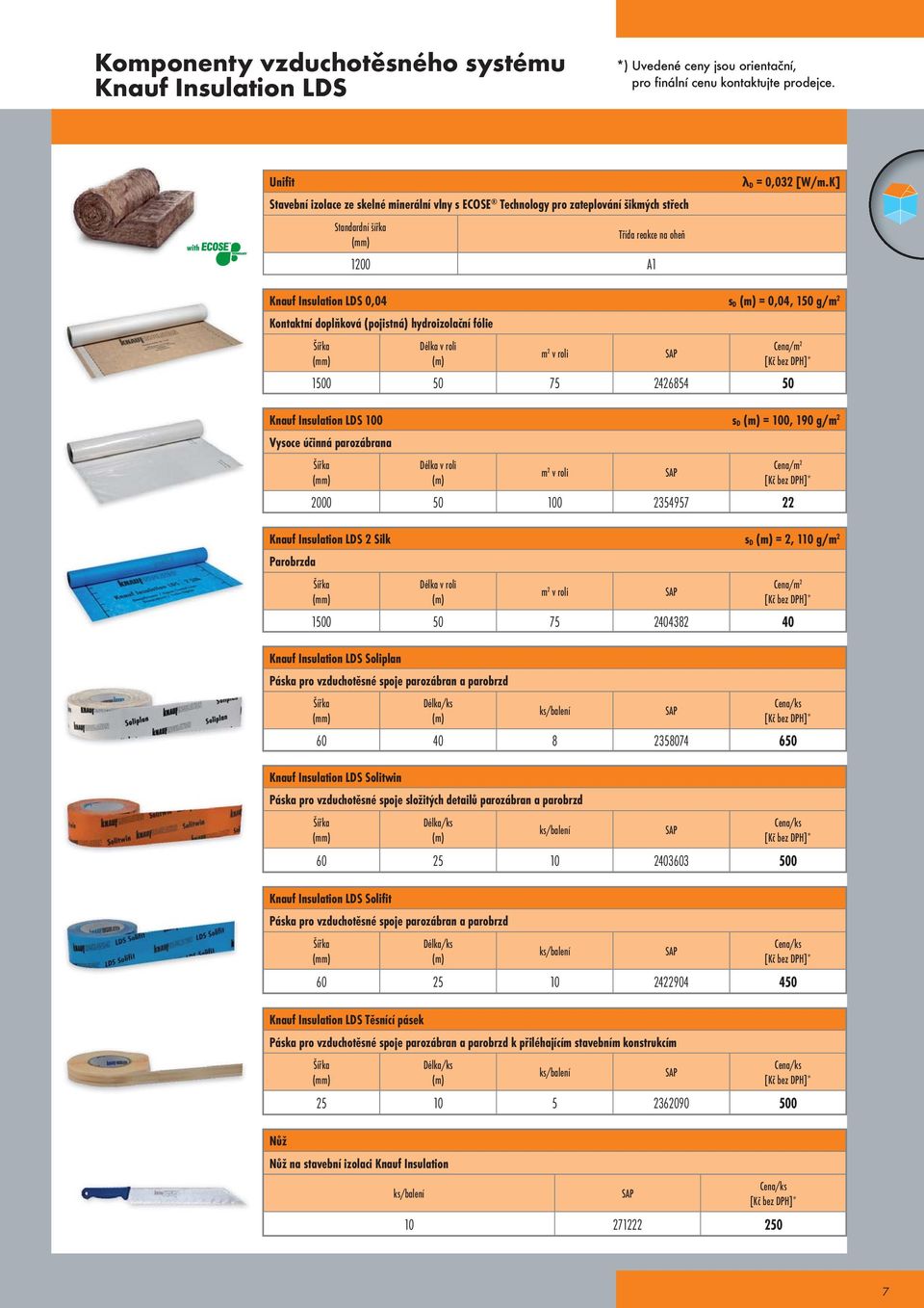 K] Knauf Insulation LDS 0,04 s D (m) = 0,04, 150 g/m 2 Kontaktní doplňková (pojistná) hydroizolační fólie (mm) v roli (m) m 2 v roli SAP 1500 50 75 2426854 50 Knauf Insulation LDS 100 s D (m) = 100,