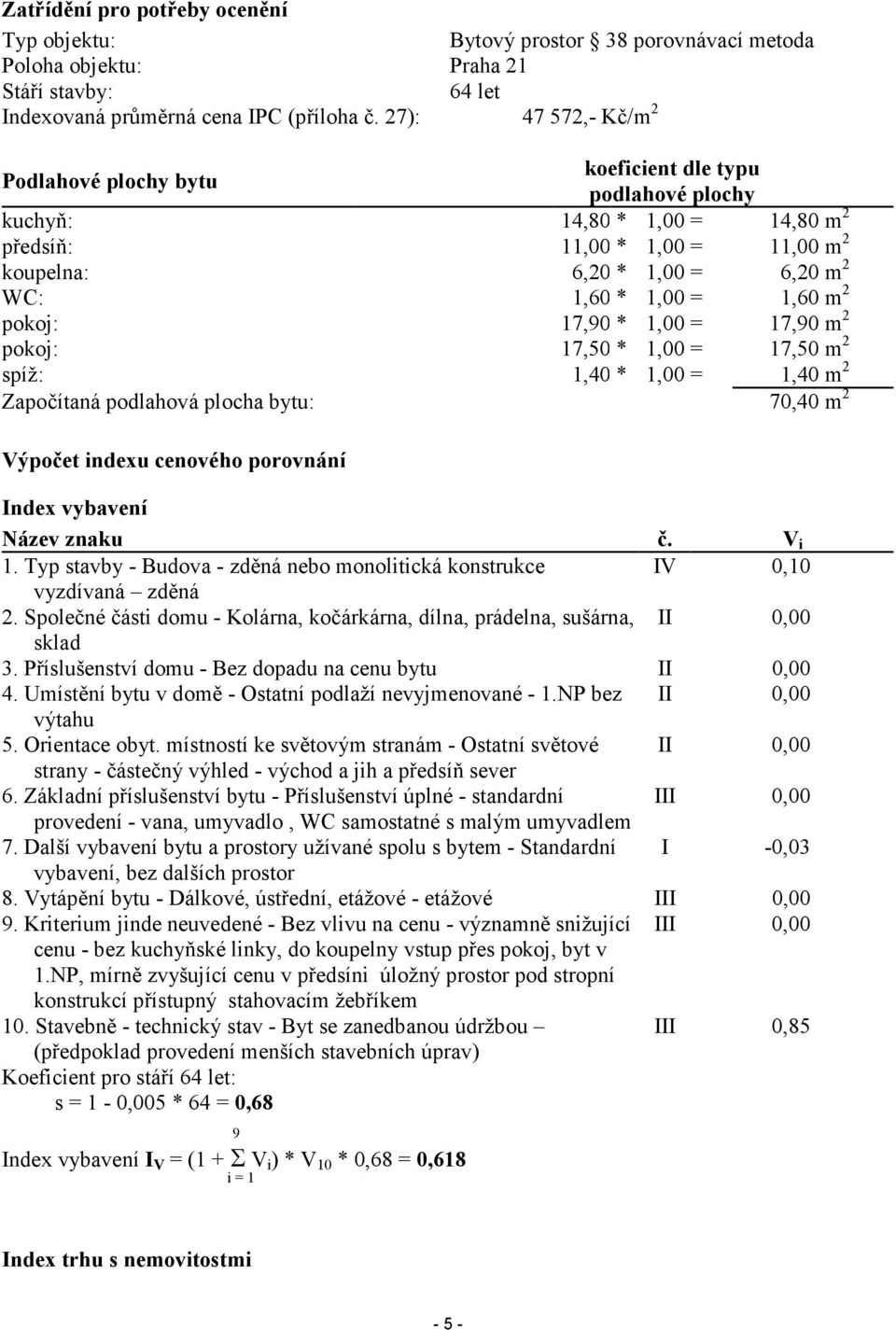 1,60 m 2 pokoj: 17,90 * 1,00 = 17,90 m 2 pokoj: 17,50 * 1,00 = 17,50 m 2 spíž: 1,40 * 1,00 = 1,40 m 2 Započítaná podlahová plocha bytu: 70,40 m 2 Výpočet indexu cenového porovnání Index vybavení