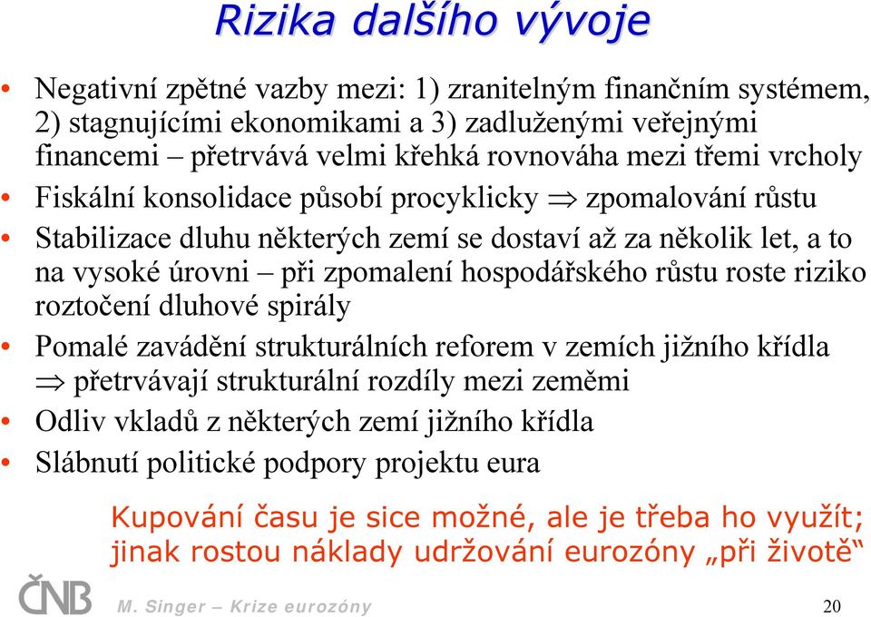 hospodářského růstu roste riziko roztočení dluhové spirály Pomalé zavádění strukturálních reforem v zemích jižního křídla přetrvávají strukturální rozdíly mezi zeměmi Odliv vkladů z