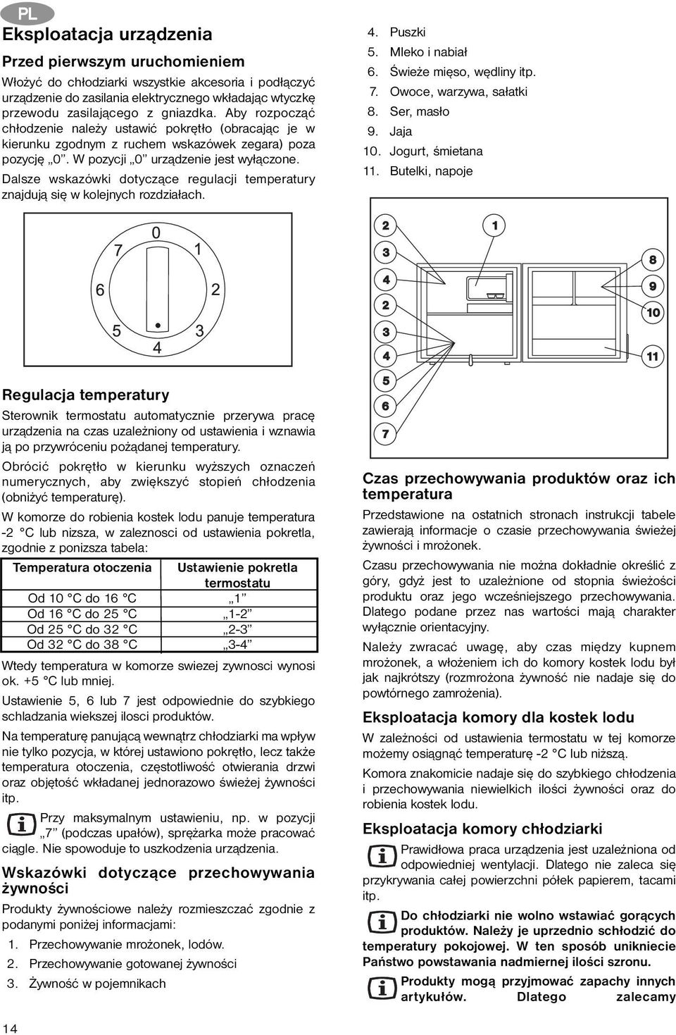 Dalsze wskazówki dotyczące regulacji temperatury znajdują się w kolejnych rozdziałach. 4. Puszki 5. Mleko i nabiał 6. Świeże mięso, wędliny itp. 7. Owoce, warzywa, sałatki 8. Ser, masło 9. Jaja 10.