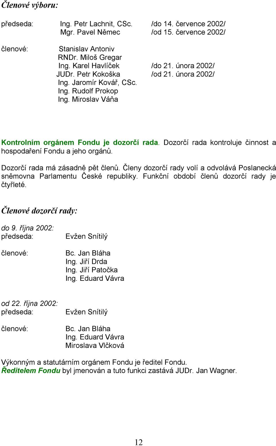 Dozorčí rada kontroluje činnost a hospodaření Fondu a jeho orgánů. Dozorčí rada má zásadně pět členů. Členy dozorčí rady volí a odvolává Poslanecká sněmovna Parlamentu České republiky.