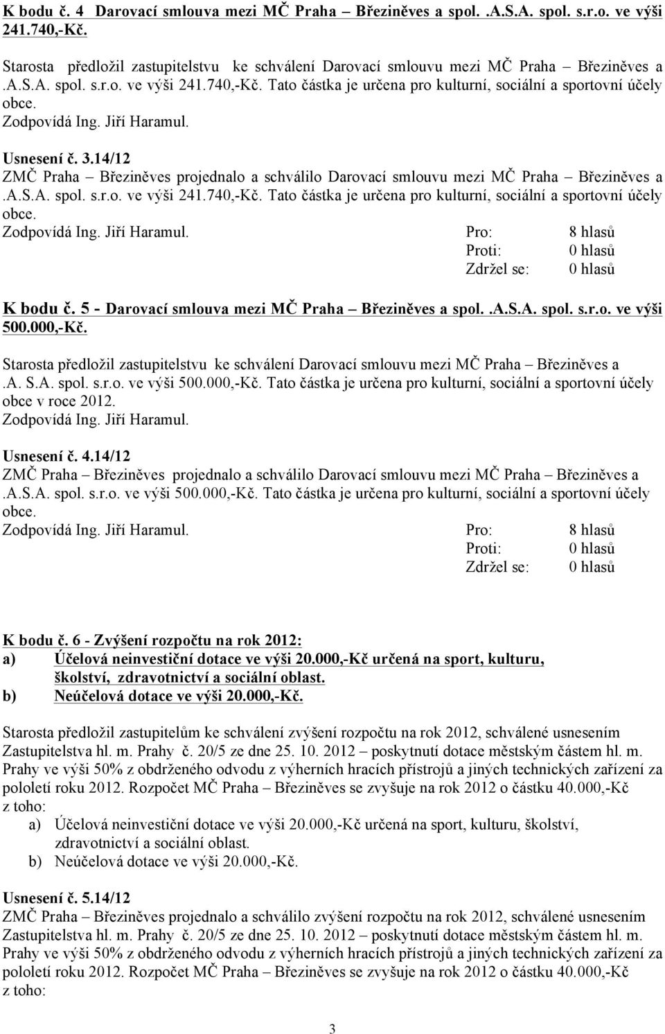 Tato částka je určena pro kulturní, sociální a sportovní účely obce. Zodpovídá Ing. Jiří Haramul. K bodu č. 5 - Darovací smlouva mezi MČ Praha Březiněves a spol..a.s.a. spol. s.r.o. ve výši 500.