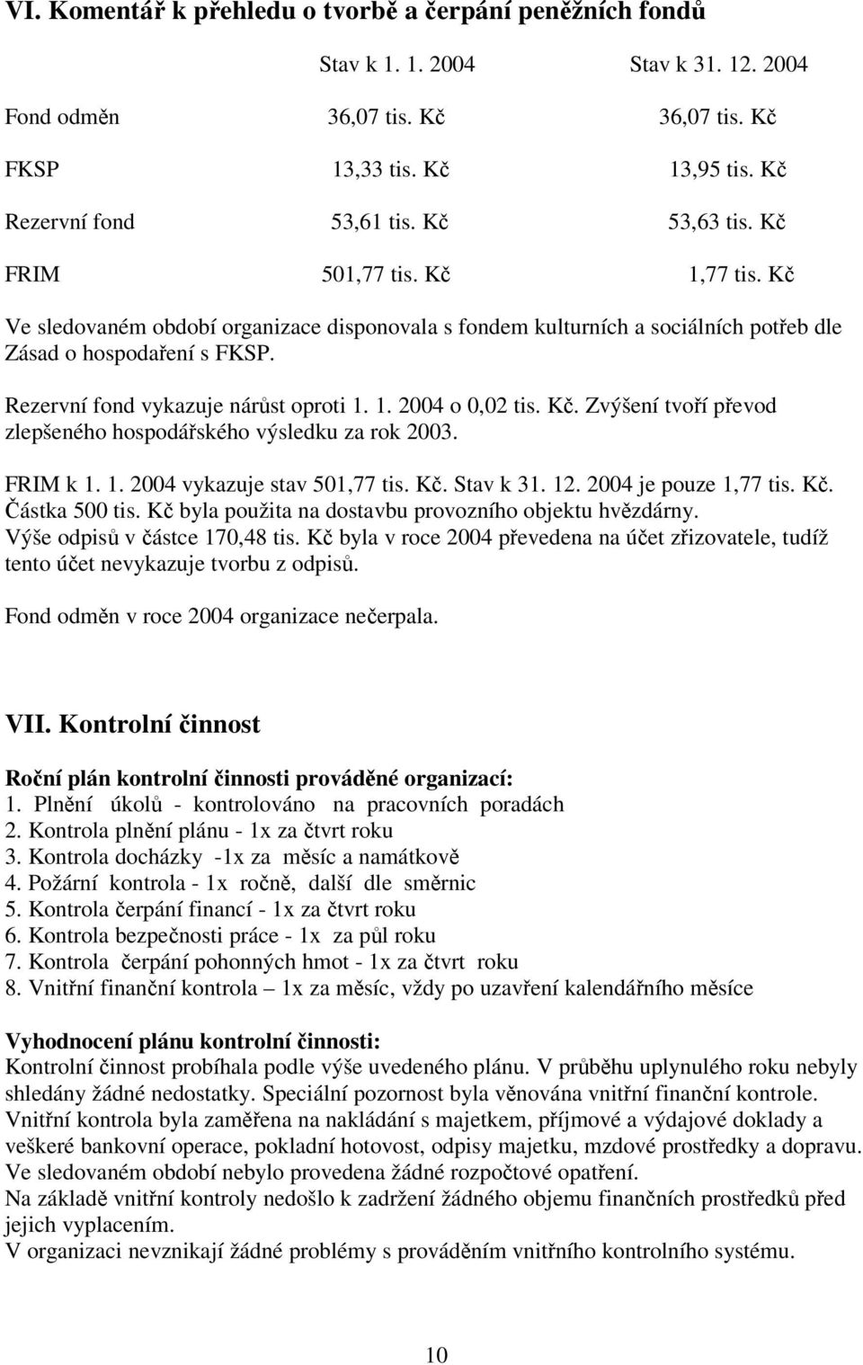 K. Zvýšení tvoí pevod zlepšeného hospodáského výsledku za rok 2003. FRIM k 1. 1. 2004 vykazuje stav 501,77 tis. K. Stav k 31. 12. 2004 je pouze 1,77 tis. K. ástka 500 tis.