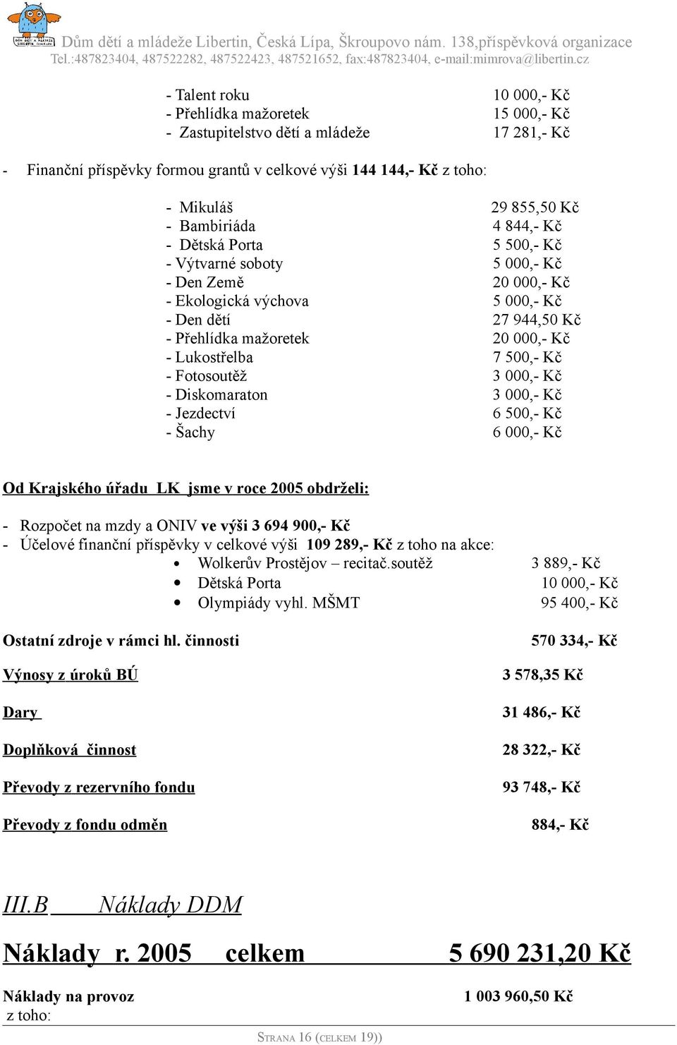 Lukostřelba 7 500,- Kč - Fotosoutěž 3 000,- Kč - Diskomaraton 3 000,- Kč - Jezdectví 6 500,- Kč - Šachy 6 000,- Kč Od Krajského úřadu LK jsme v roce 2005 obdrželi: - Rozpočet na mzdy a ONIV ve výši 3