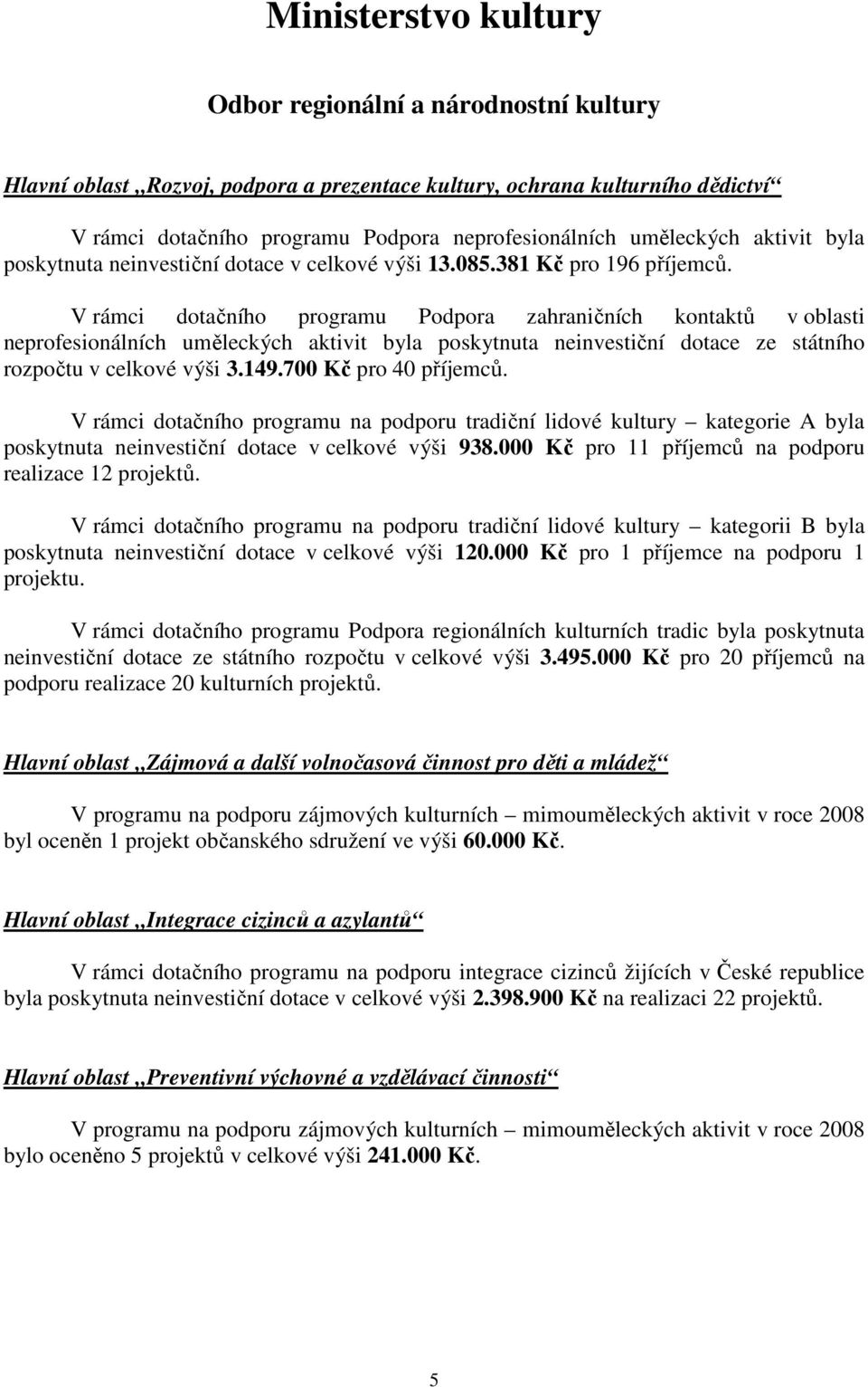 V rámci dotačního programu Podpora zahraničních kontaktů v oblasti neprofesionálních uměleckých aktivit byla poskytnuta neinvestiční dotace ze státního rozpočtu v celkové výši 3.149.