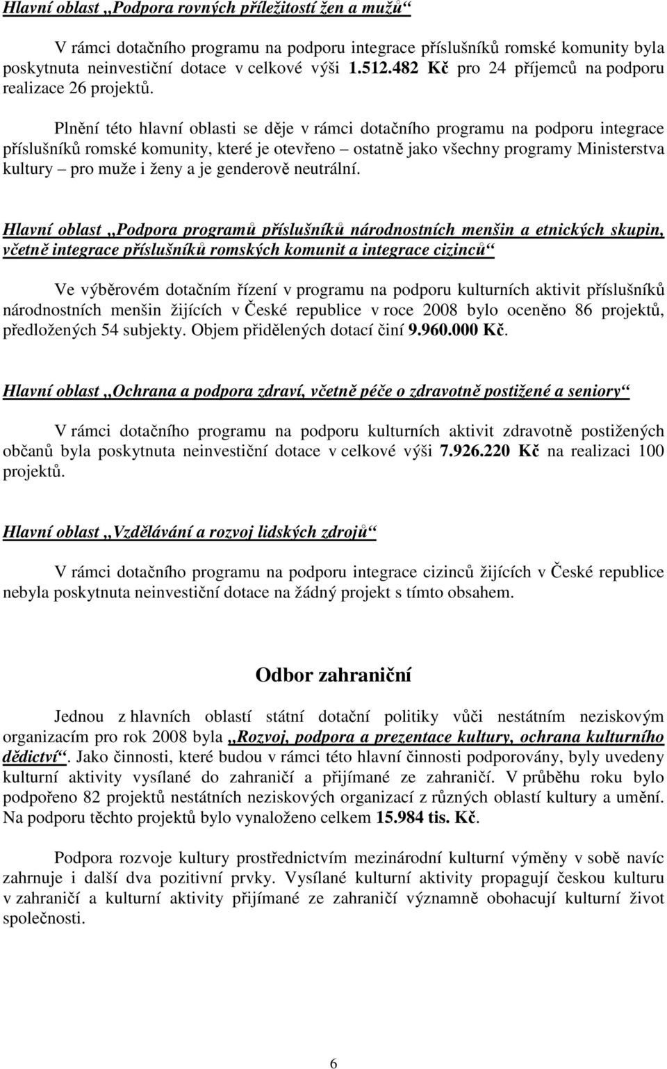 Plnění této hlavní oblasti se děje v rámci dotačního programu na podporu integrace příslušníků romské komunity, které je otevřeno ostatně jako všechny programy Ministerstva kultury pro muže i ženy a