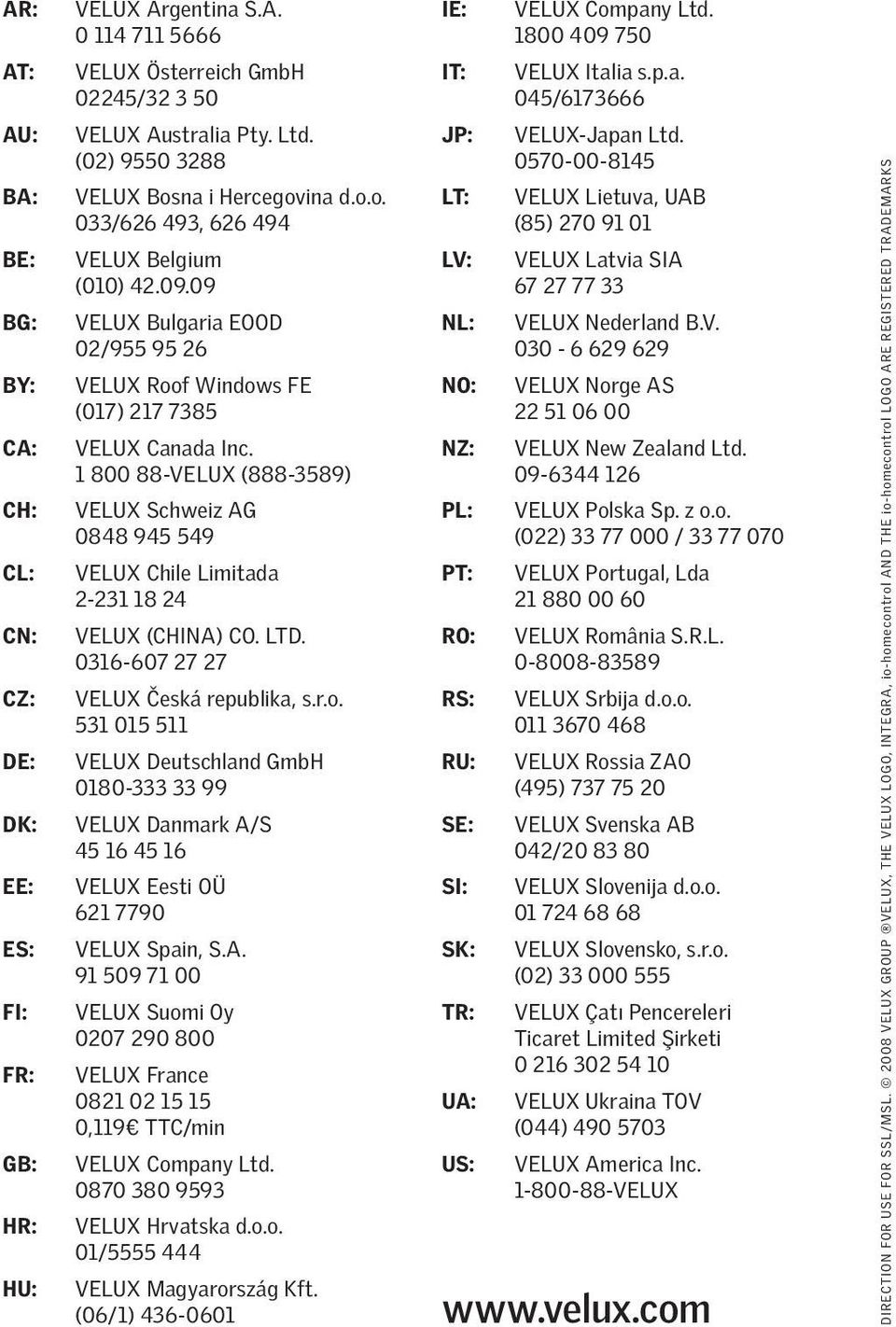 1 800 88-VELUX (888-3589) VELUX Schweiz AG 0848 945 549 VELUX Chile Limitada 2-231 18 24 VELUX (CHINA) CO. LTD. 0316-607 27 27 VELUX Česká republika, s.r.o.