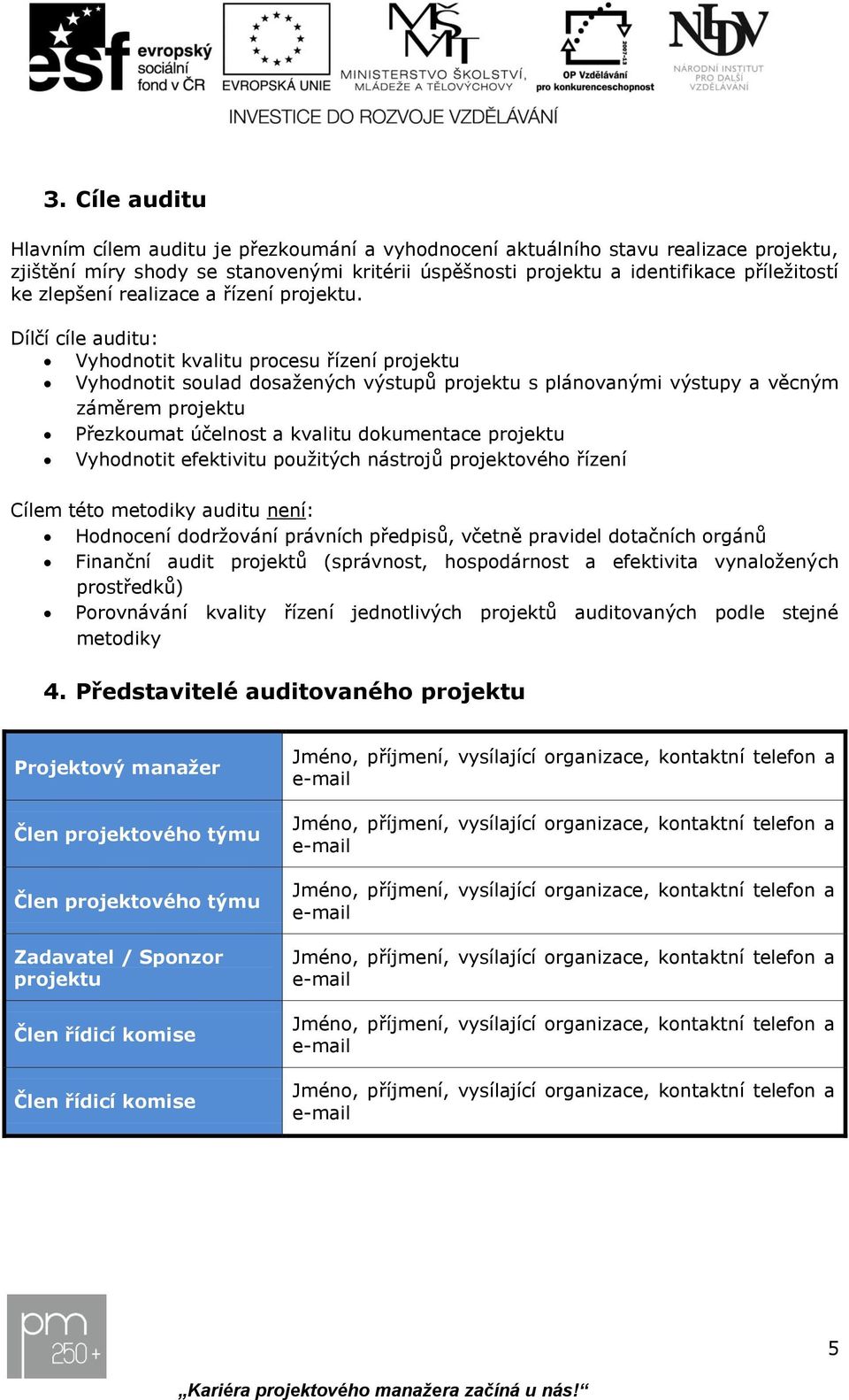 Dílčí cíle auditu: Vyhodnotit kvalitu procesu řízení projektu Vyhodnotit soulad dosažených výstupů projektu s plánovanými výstupy a věcným záměrem projektu Přezkoumat účelnost a kvalitu dokumentace