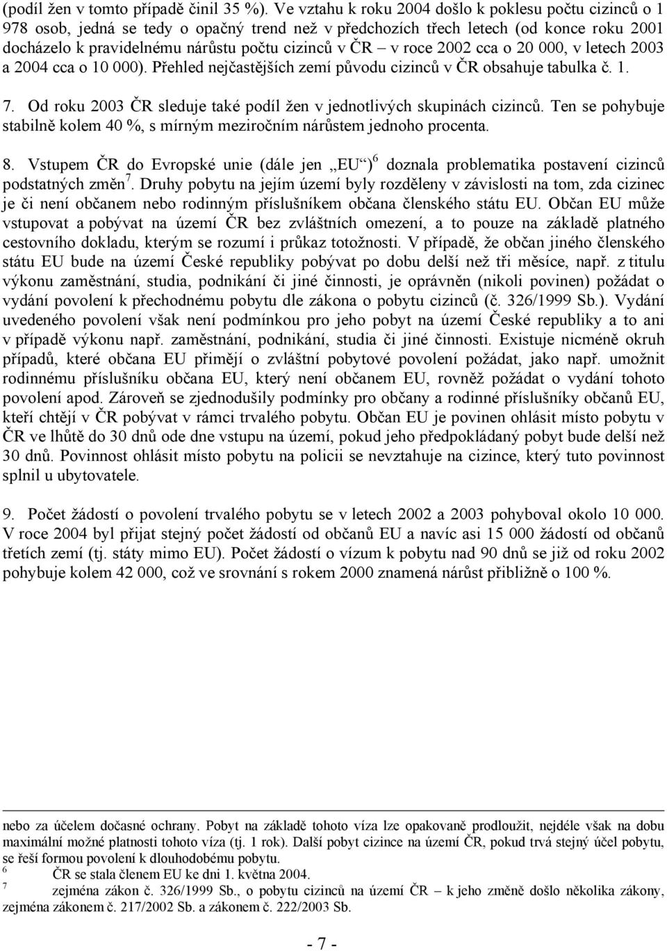 roce 2002 cca o 20 000, v letech 2003 a 2004 cca o 10 000). Přehled nejčastějších zemí původu cizinců v ČR obsahuje tabulka č. 1. 7.