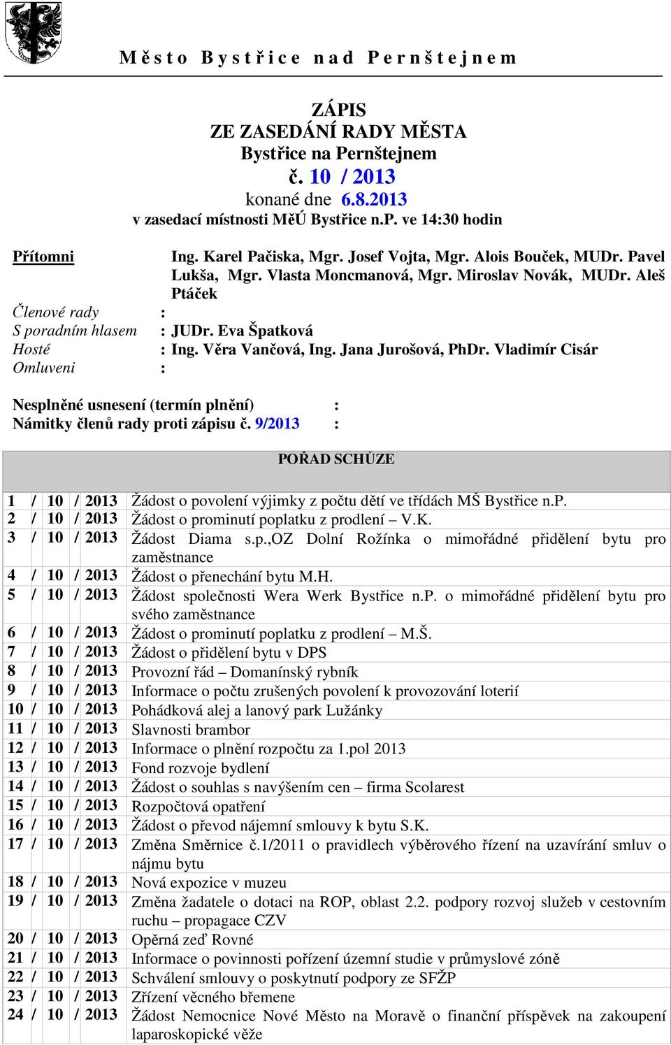 Aleš Ptáček Členové rady : S poradním hlasem : JUDr. Eva Špatková Hosté : Ing. Věra Vančová, Ing. Jana Jurošová, PhDr.