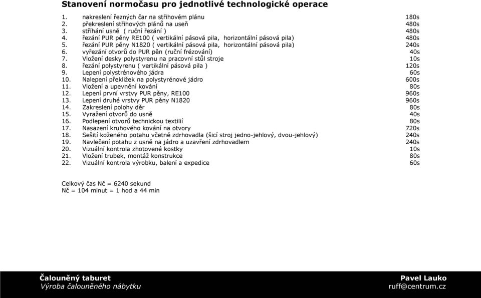 vyřezání otvorů do PUR pěn (ruční frézování) 40s 7. Vložení desky polystyrenu na pracovní stůl stroje 10s 8. řezání polystyrenu ( vertikální pásová pila ) 120s 9. Lepení polystrénového jádra 60s 10.