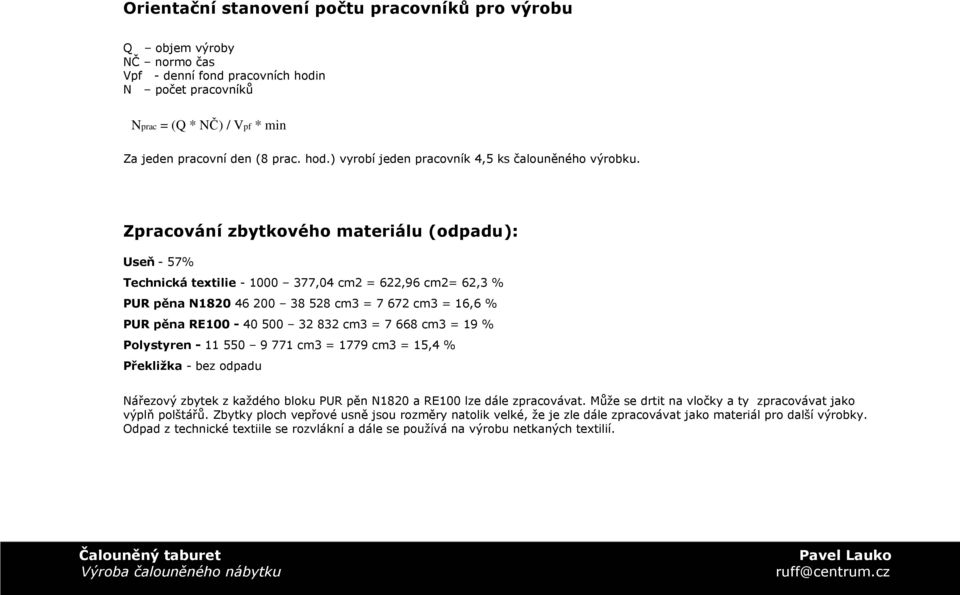 7 668 cm3 = 19 % Polystyren - 11 550 9 771 cm3 = 1779 cm3 = 15,4 % Překližka - bez odpadu Nářezový zbytek z každého bloku PUR pěn N1820 a RE100 lze dále zpracovávat.